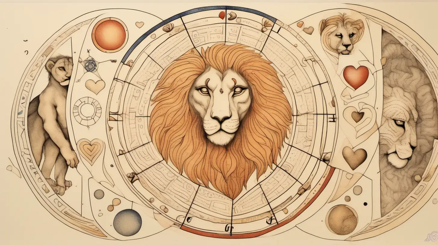  Astrogical wheel leo in love, etching, on light beige, bold color, muted palette,, loose line drawing, playfully intricate, puzzle-like elements, 