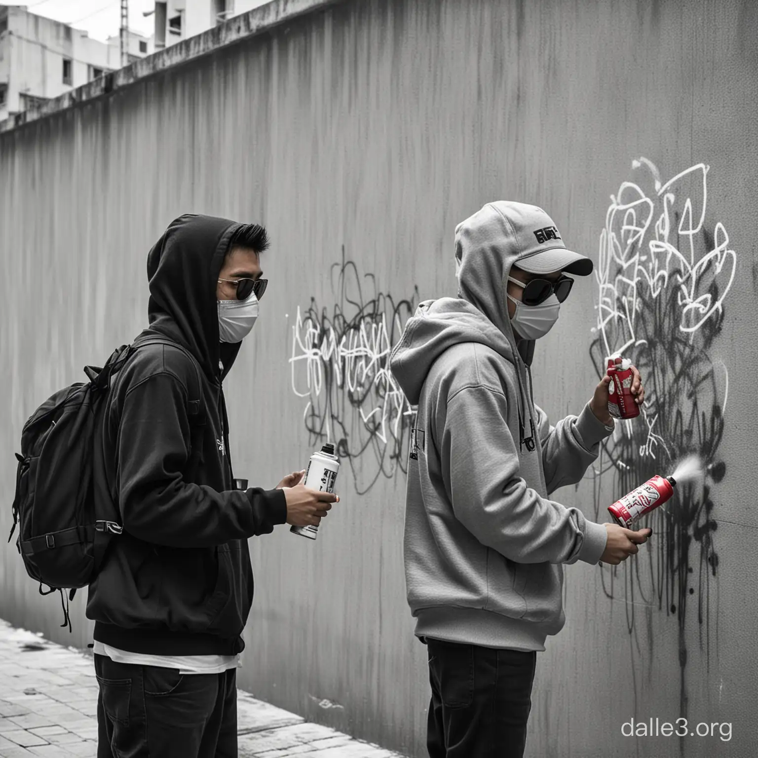 Two teenagers are graffitiing on the wall of a HDB block. One of them is holding a spray can, while the other is holding a marker. They are both wearing hoodies and sunglasses, and they have their backs to the viewer.