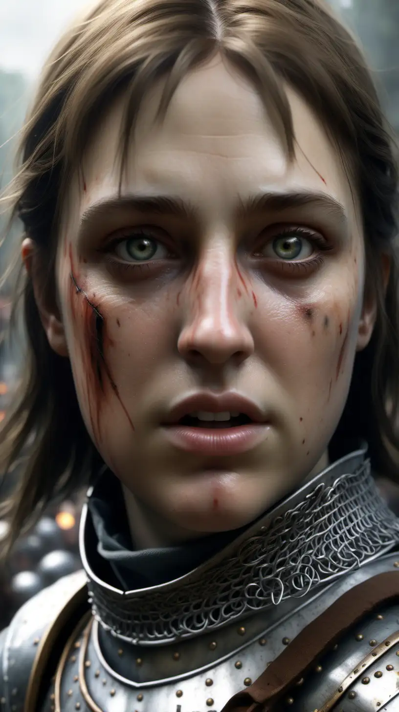 Joan of arc in battle, close up of face. hyper realistic