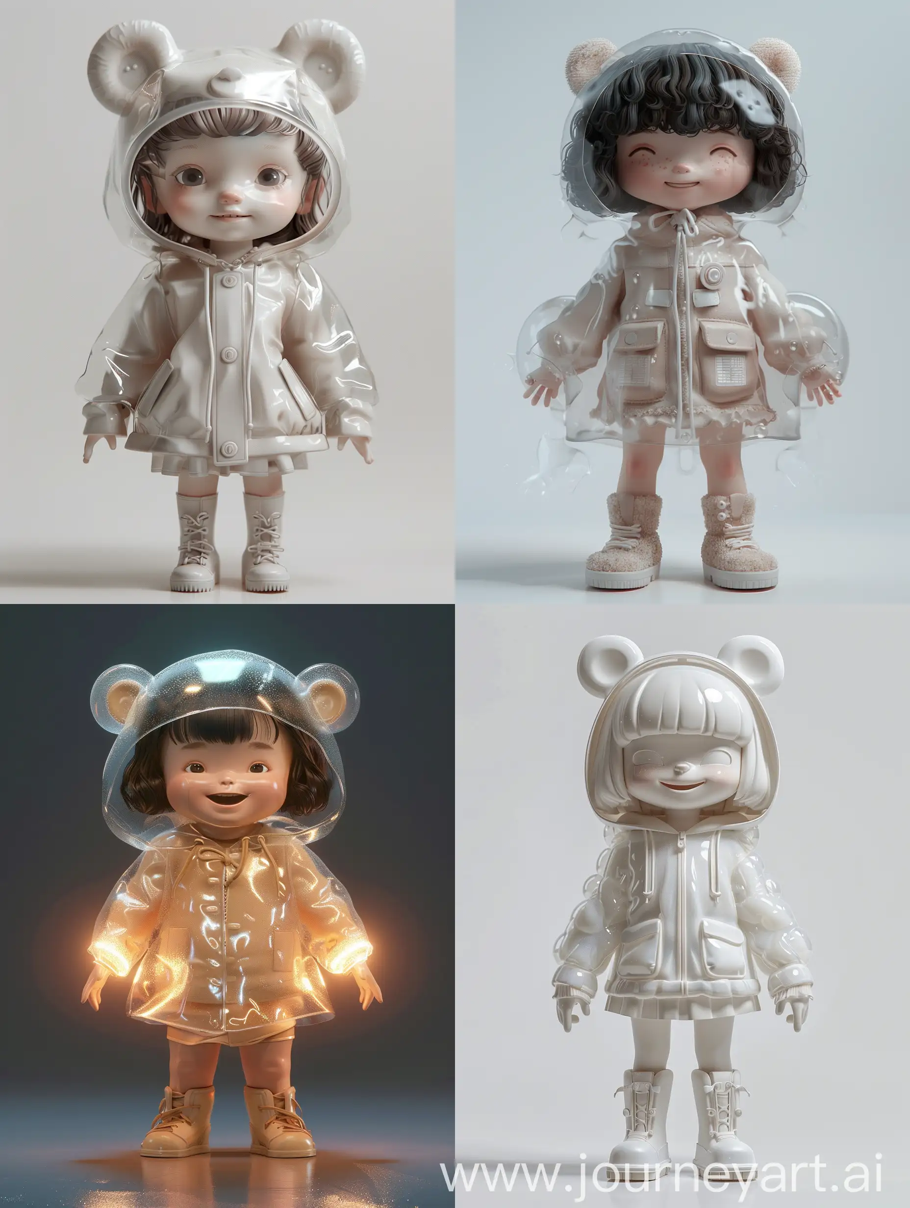 Blind Box Style girl fullbody, Super cutegirl, little girl, smile,Short hair with slightly curly ends,bear translucent raincoat,blind box,bubble matt design exaggerated pressure and movement, bright light,clay materials,precision mechanical parts,  3d,super detailed, C4D, mixer, 8K