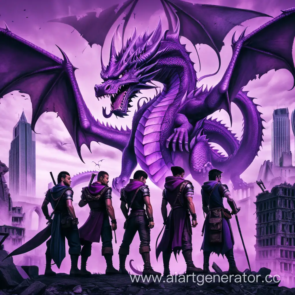 четыре парня  на фоне фиолетового дракона в разрушенном городе 