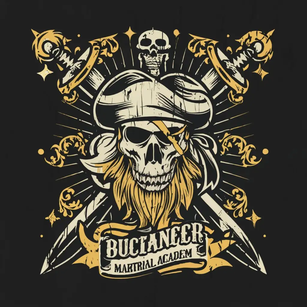 a logo design, with the text 'Buccaneer Martial Arts', main symbol: skull, cutlass, pirate, Scottish hat, 17th century style, woodcut, complex, to be used in Education industry, clear background