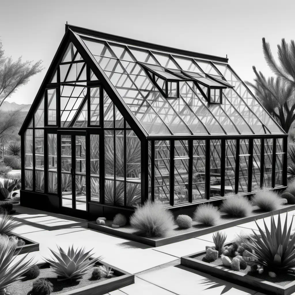 black and white photo, wooden framed greenhouse with glass windows, located in arizona that houses botanical from kalahari desert 20 meters high, 60 meters long, gable roof, add people outside and more plants outside

