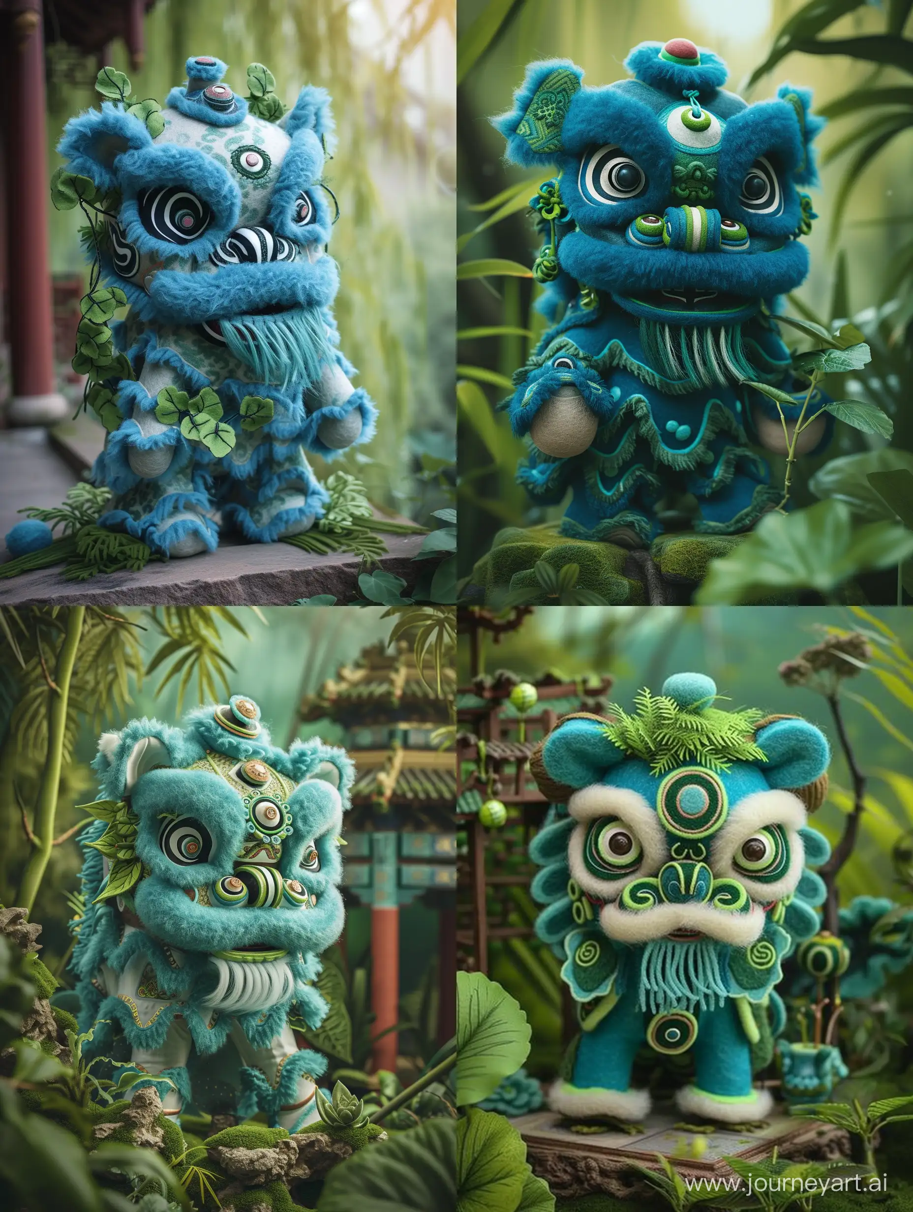 Blue Lion Dance Costume, cute, wool felt, green plants, green Chinese architecture, RON English, Russell dongjun lu style, surrealistic monochrome composition, rich and detailed, green core, Chinese punk, charming colors, realistic details, furry cartoon