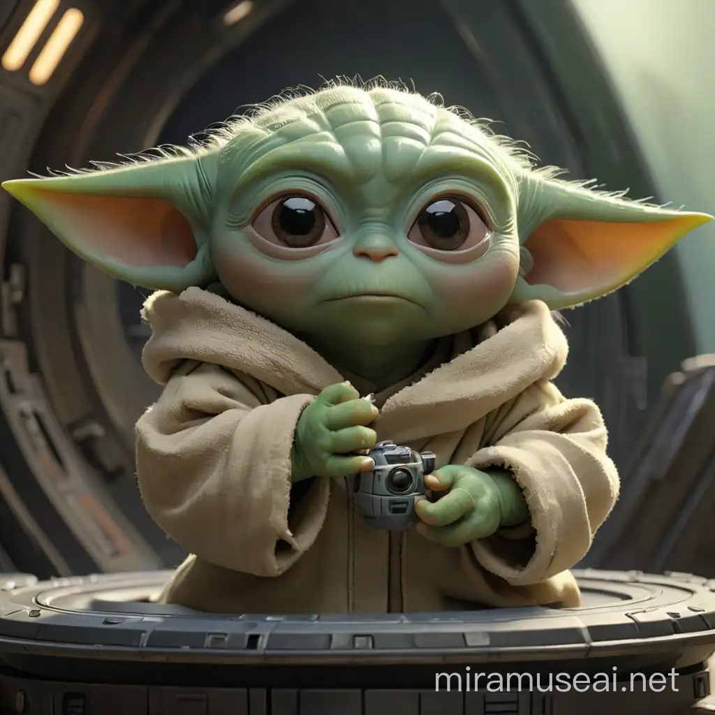 baby yoda talking with master yoda, face to face, floating, spaceship background