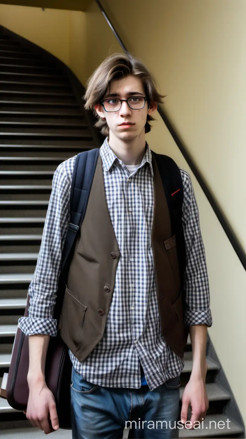 College Student with Checkered Vest and Briefcase in Old University Staircase