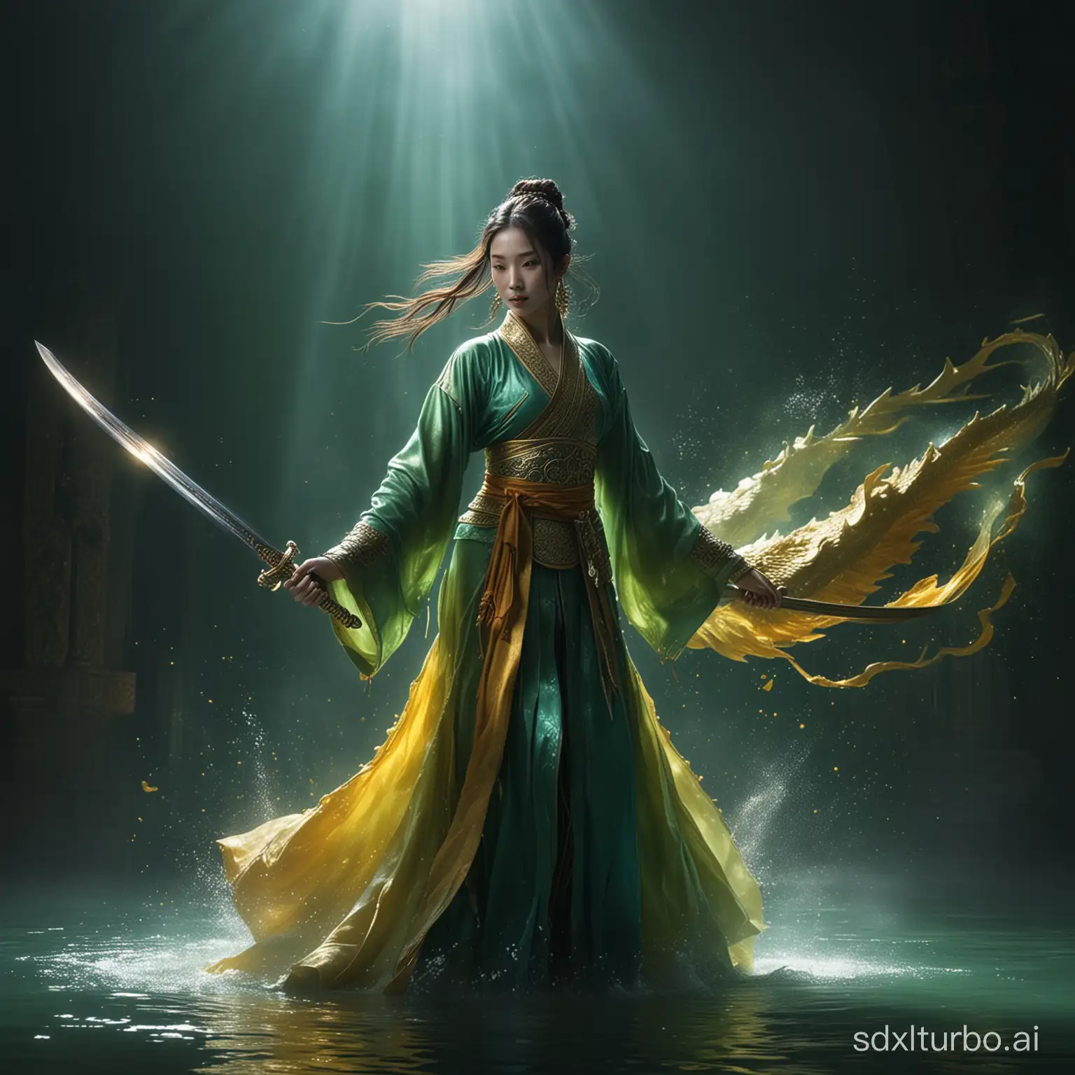 Oriental style beauty, sword in hand, sword dancing, green and gold clothing, a glowing golden dragon walking behind, realistic and ethereal style, Eastern Zhou Dynasty, the background of the picture is the strong air flow of the picture impact, 8k, fantasy, allegorical, animation style, epic ink mixing lens, shining blue magic light. Abstract image, intense light, Rembrandt lighting, style in fluid color combination, surreal water, shine/gloss --ar 16:9