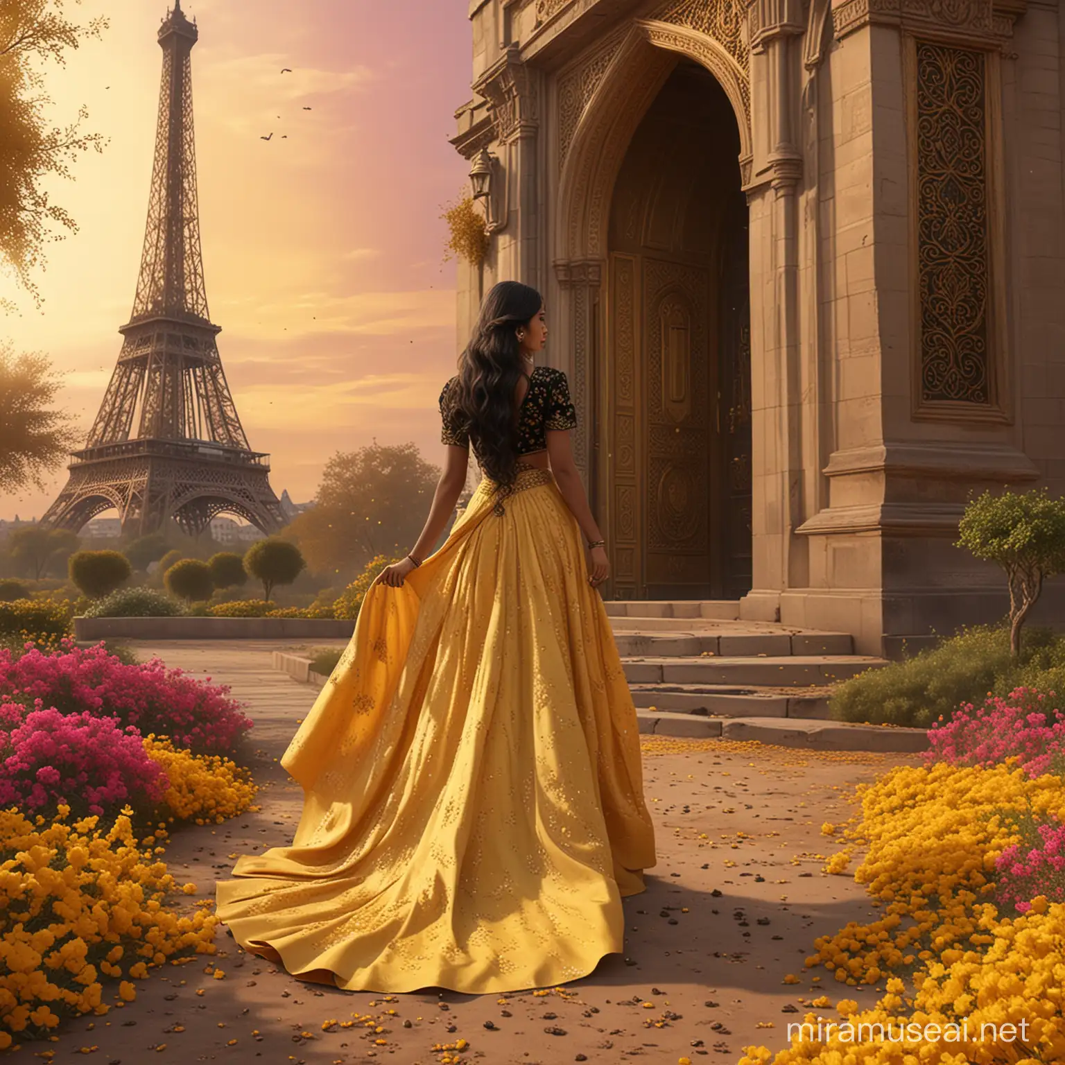 A beautiful indian princess, with a highly detailed dress, from behind, walking to an opened golden arabian door, surrounded by dark yellow flowers and dark pink dust on the ground. Long wavy black hair. Elegant long dark yellow skirt, black top, haute couture, sari tissu. Background tower eiffel view. background floral trees. 8k, fantasy, illustration, digital art, illustration art, fantasy art, fantasy style