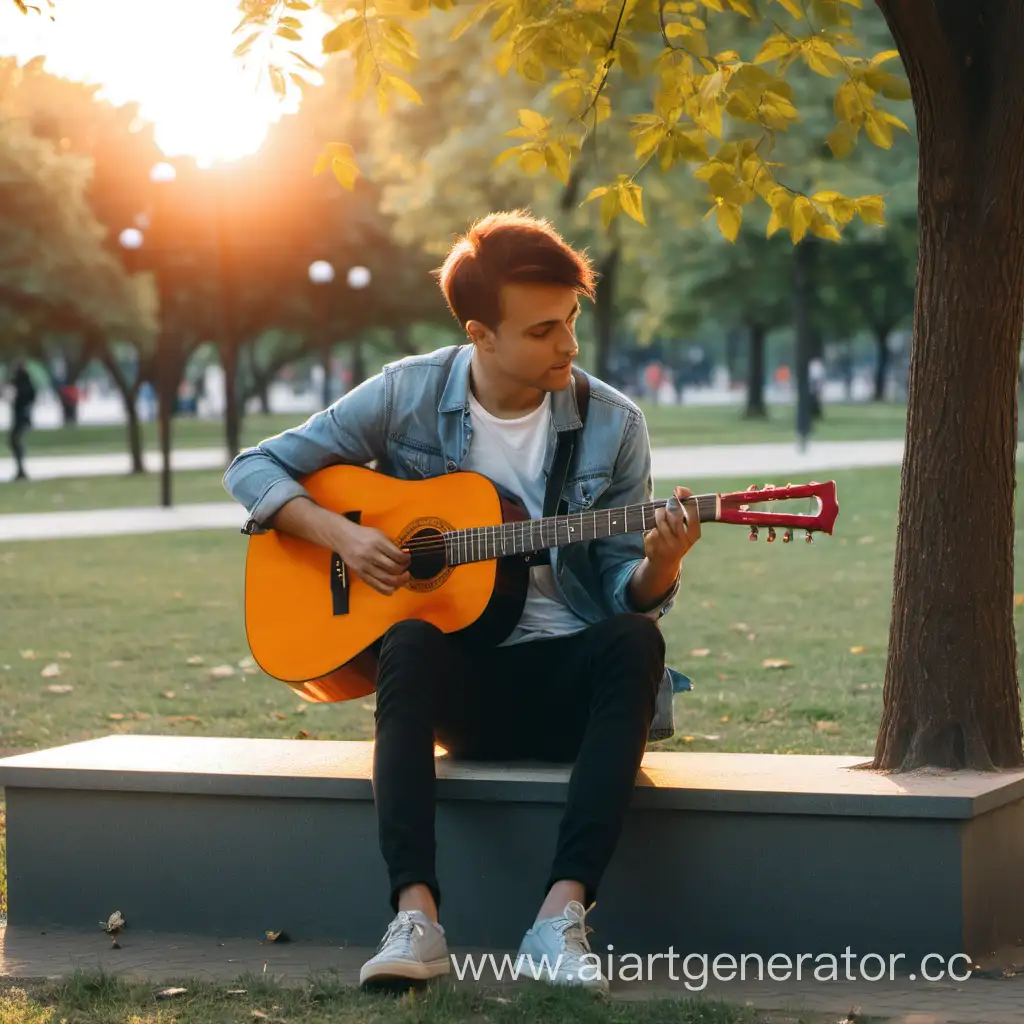парень с гитарой сидит в парке на закате