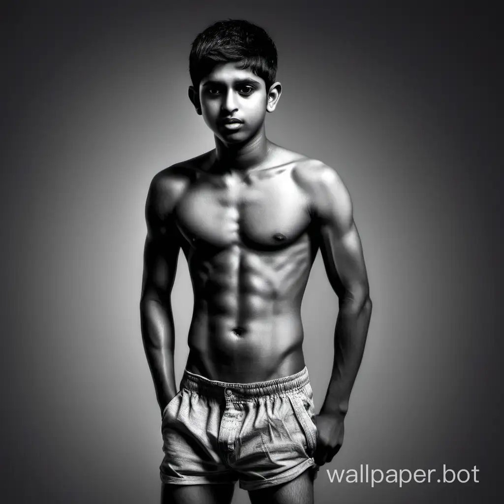 Indian Boy, short hair, medium hips, shorts ,Topless, unfit stomach, grey background, side view, Black and white sketch