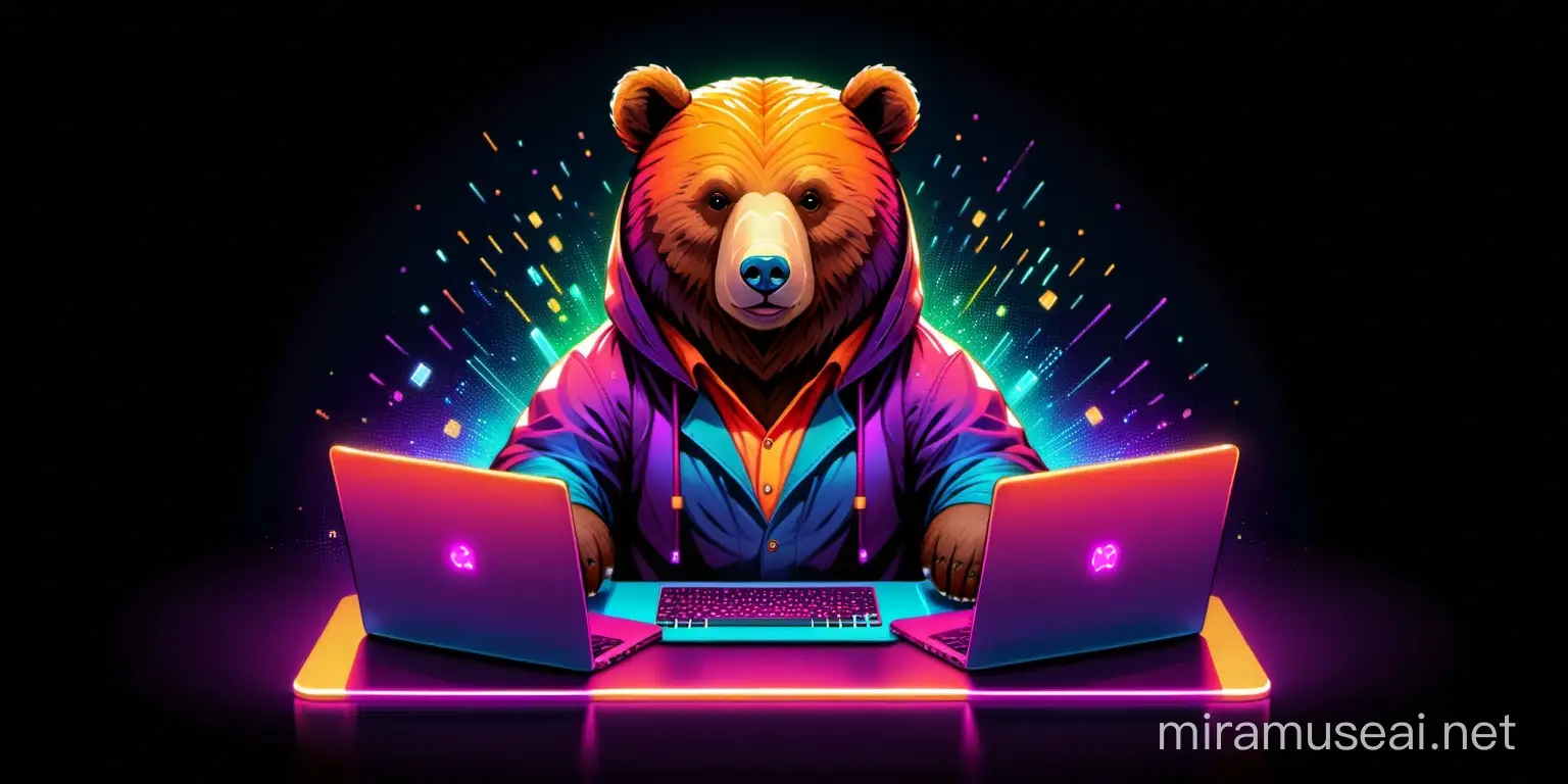 Медведь программист, яркие цвета, темный фон