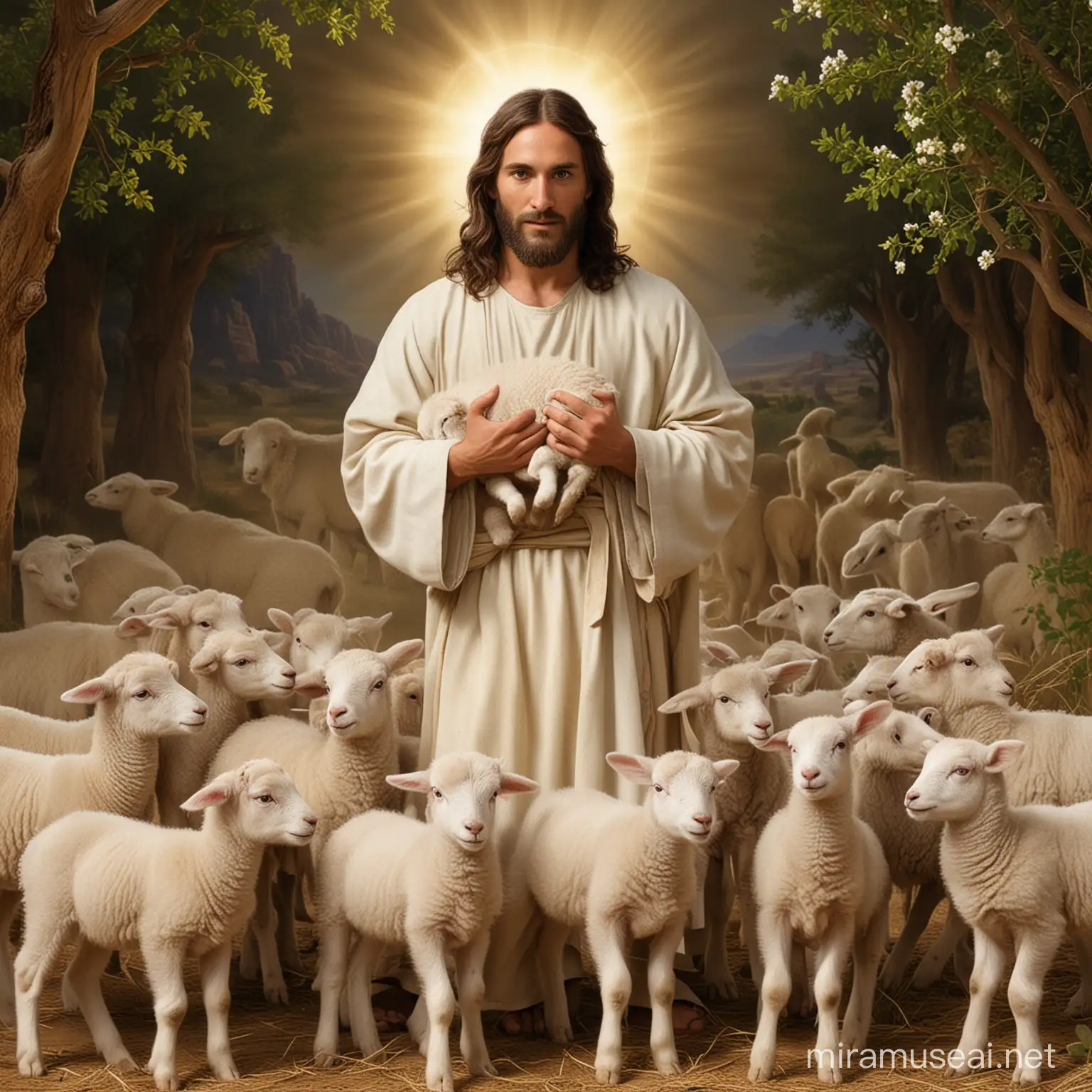 Generate image of Jesus with lambs in Zion