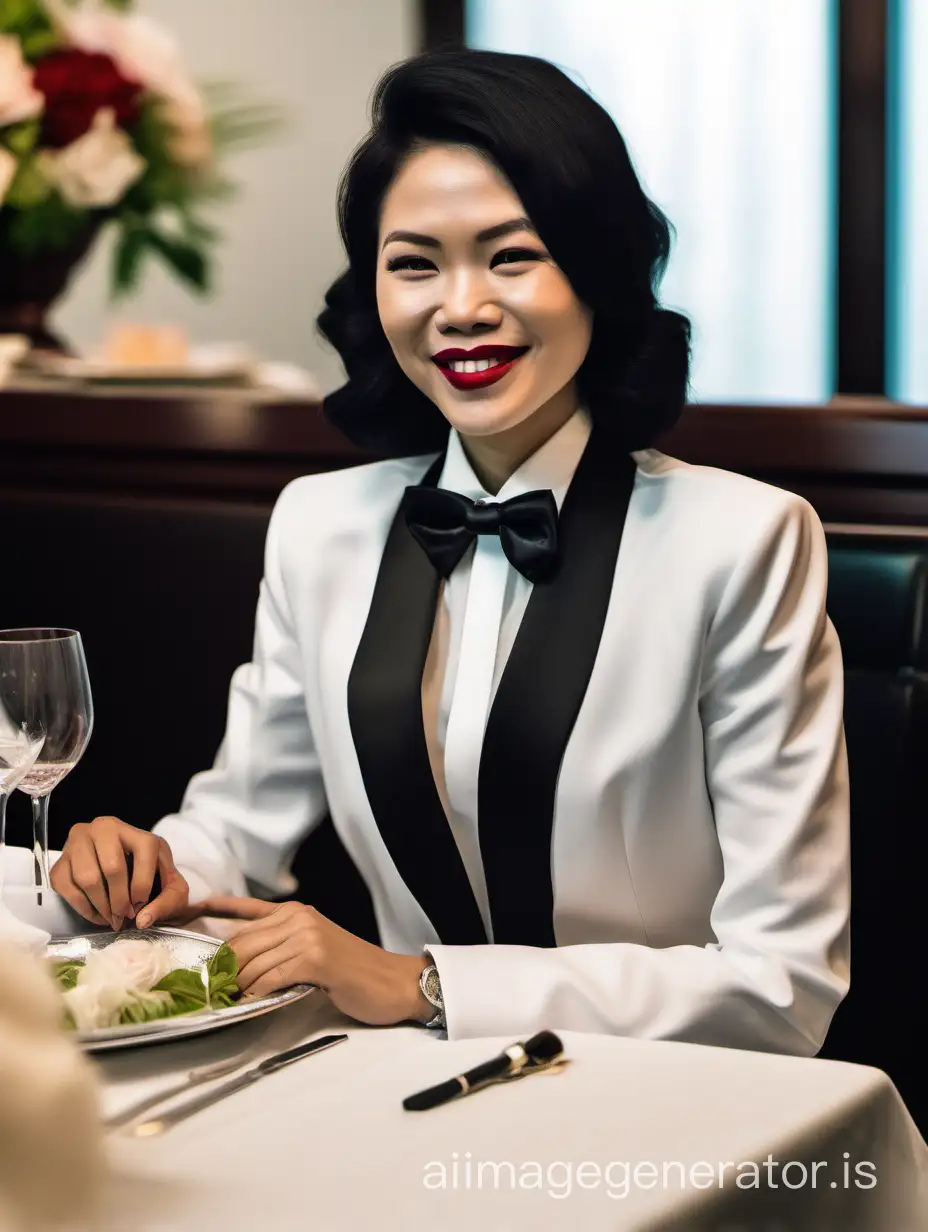 A 30 year old Vietnamese woman with shoulder length hair and lipstick wearing a black tuxedo jacket and a white shirt and a black bow tie and large cufflinks is sitting at a dinner table.  She is smiling.  She has black hair and is wearing lipstick.  Her jacket has a corsage.