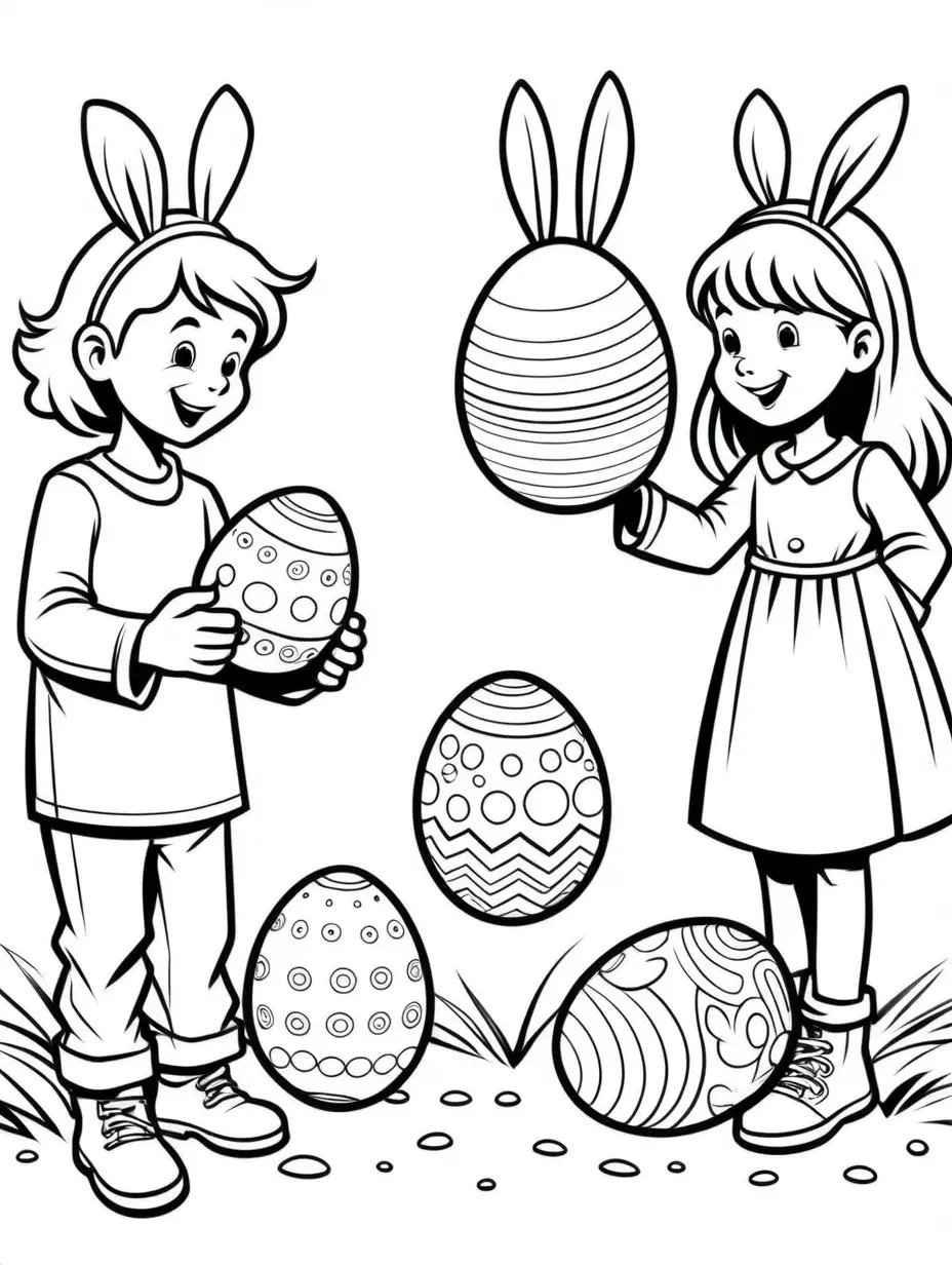 Line drawing, comic book style, simple coloring page, children decorating  Easter eggs, white background