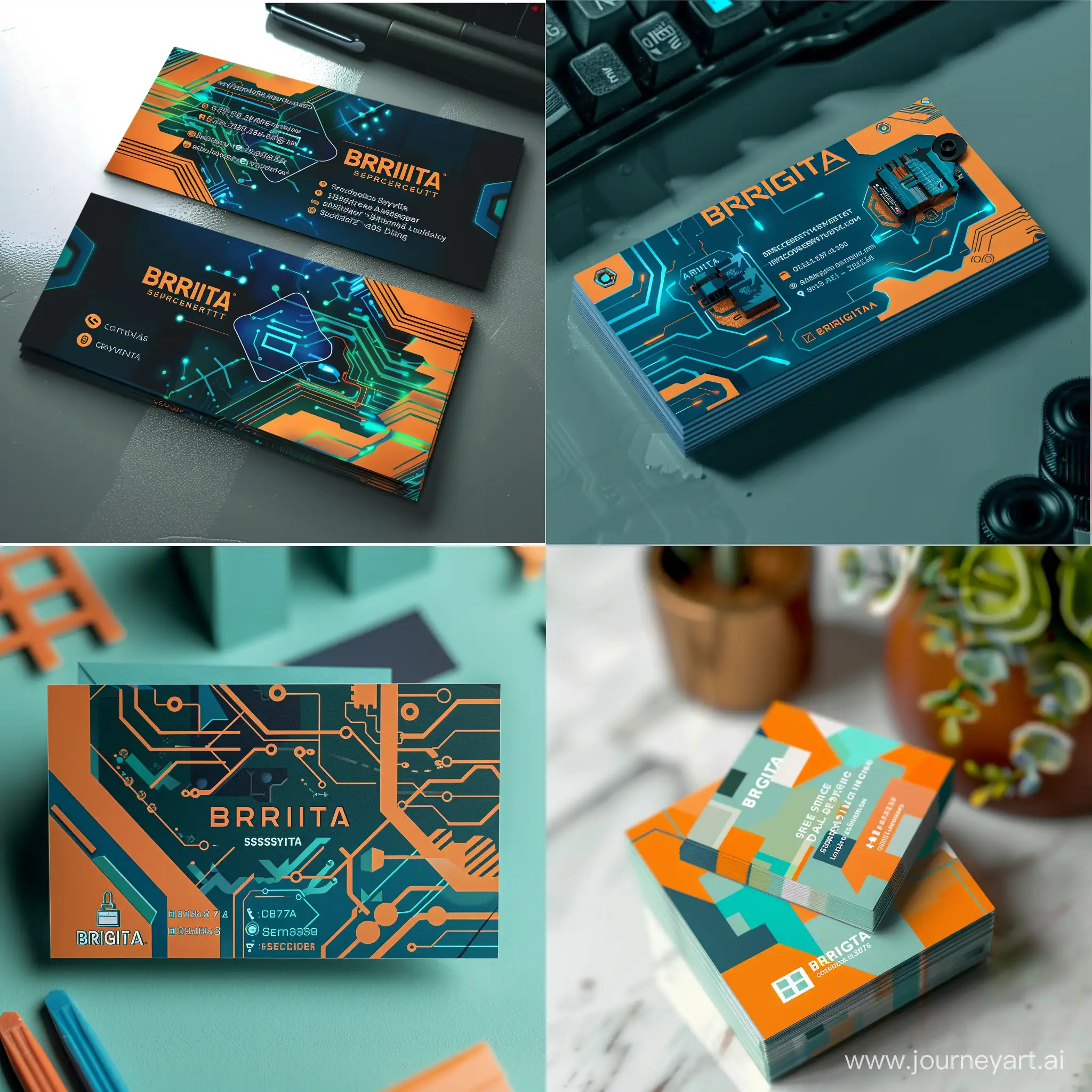 Come up with a design of a business card  for the Security Systems Engine of the company name BRIGITA. The company provides information technology  and Cybersecurity services. The corporate colors are light orange, blue and light green. The design should be aboute to cyberpunk 2077 and industry style.