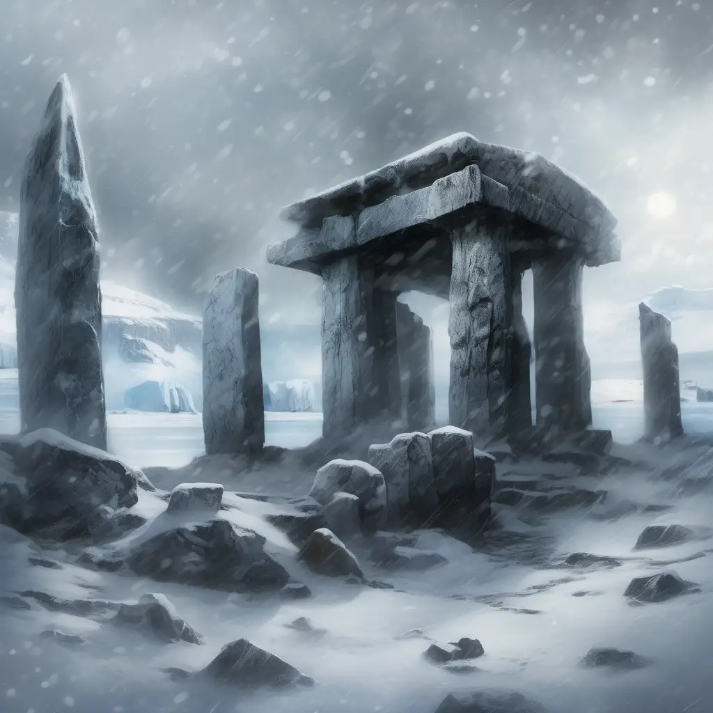 Ethereal Dolmen and Stone Columns in Antarctic Snowscape