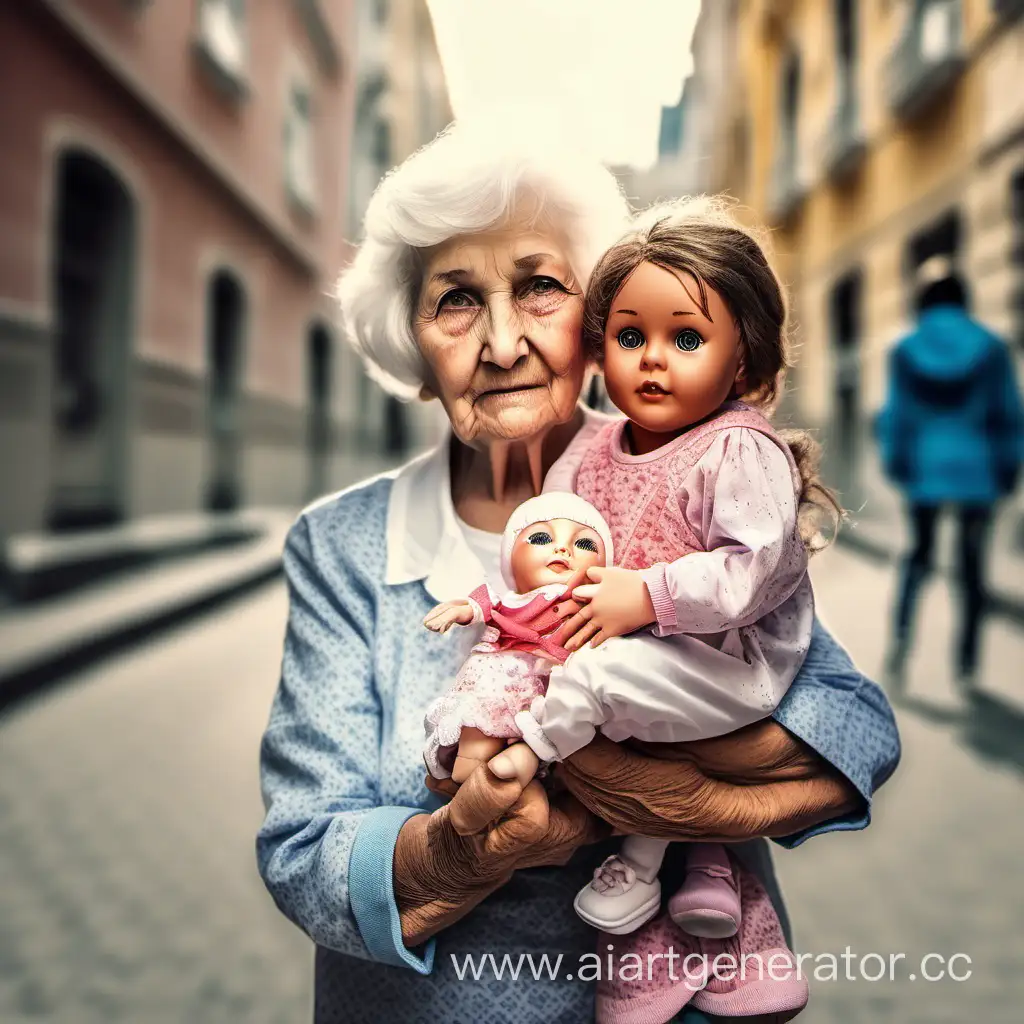 Бабушка держит на руках внучку.  У внучки в руках кукла.  Улица города 
