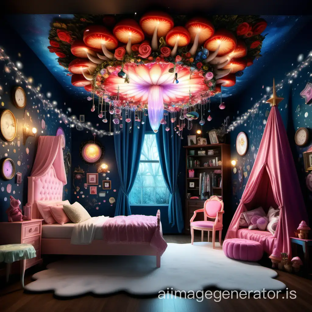 A fantastical fairy core bedroom transformed into an ultra HD hyper-realistic masterpiece, dazzling viewers with its meticulous details and vibrant colors. The ethereal scene features delicate floral wallpaper, sparkling fairy lights, and whimsical decor like toadstool chairs and twinkling crystal chandeliers. This awe-inspiring image is a digitally created painting that expertly blurs the line between reality and fantasy, immersing observers in a enchanting world of magic and beauty. Every inch of the room is rendered with stunning clarity, showcasing the artist's skill and attention to detail in crafting this whimsical and dreamlike setting. Shot on Canon EOS R5.