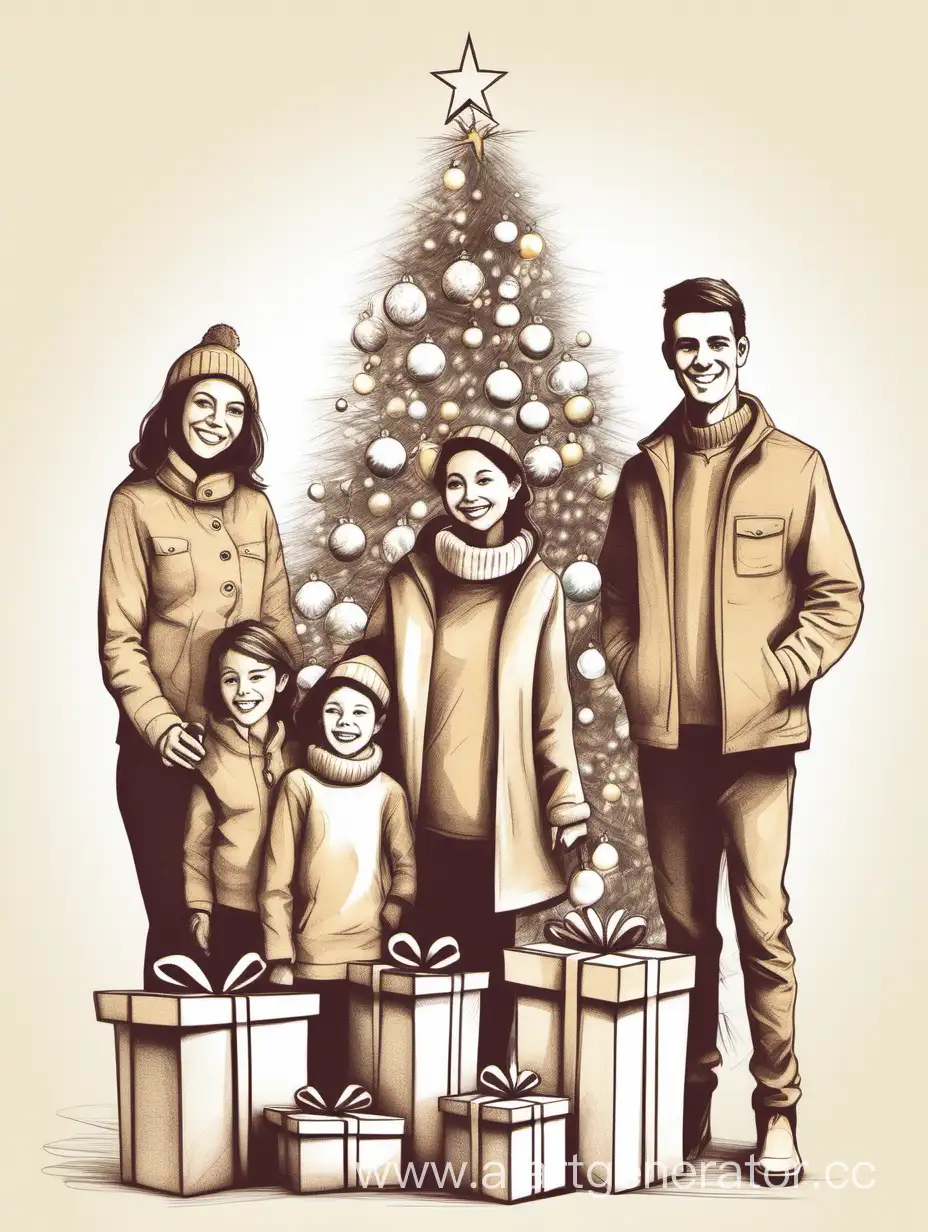 family in pencil sketch style, gathered around a Christmas tree with presents, warm and festive atmosphere, text "Happy New Year Owner.one" at the top, inspired by Owner.one website branding and colors