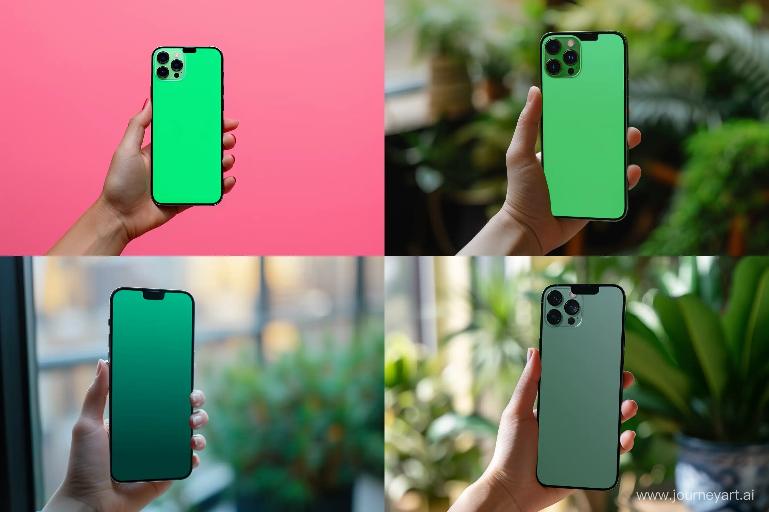 [hand holding] iphone 15 pro mockup with green screen, minimalistic editorial aesthetic --ar 3:2 --s 250 --v 6.0 --v 6 --ar 1:1 --no 89858
