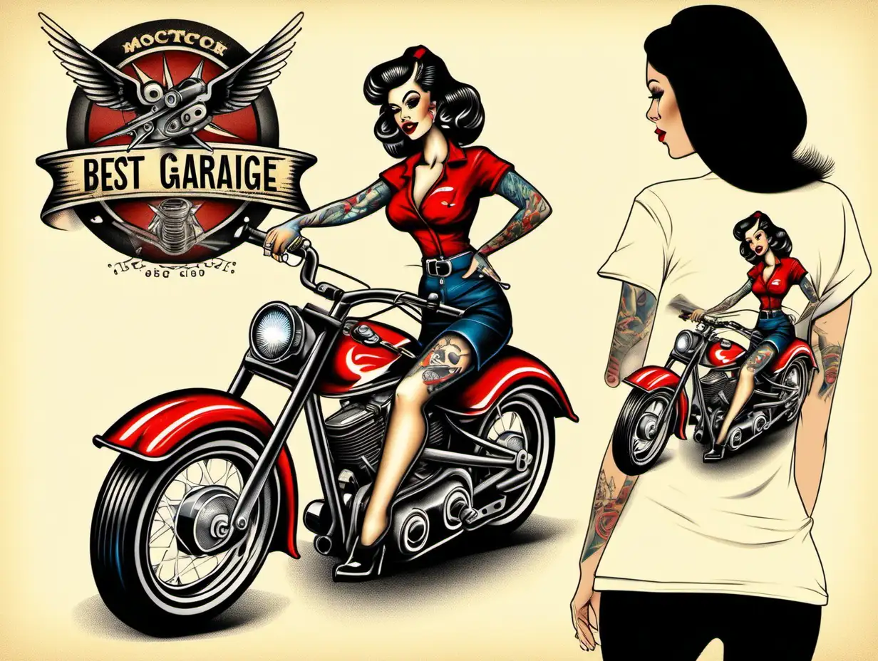 T Shirt Print, Tattoo oldschool Design,  best Garage, pin up Girl motorcycle