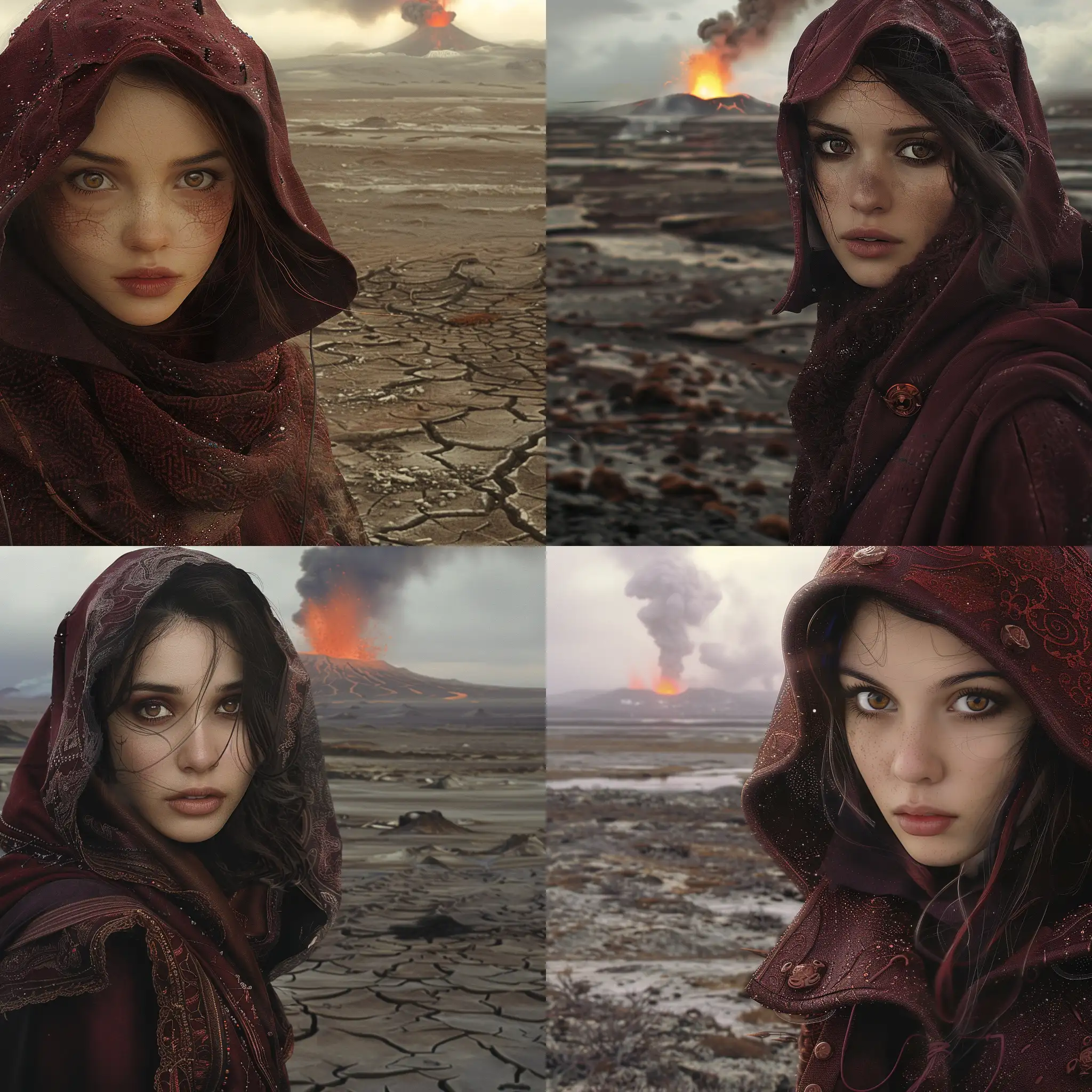 A highly detailed striking image of a beautiful woman wearing a dark red coat and hood with brown eyes. She is walking through a barren apocalyptic land. In the distance is a volcano erupting. Beautiful magical mysterious fantasy surreal highly detailed