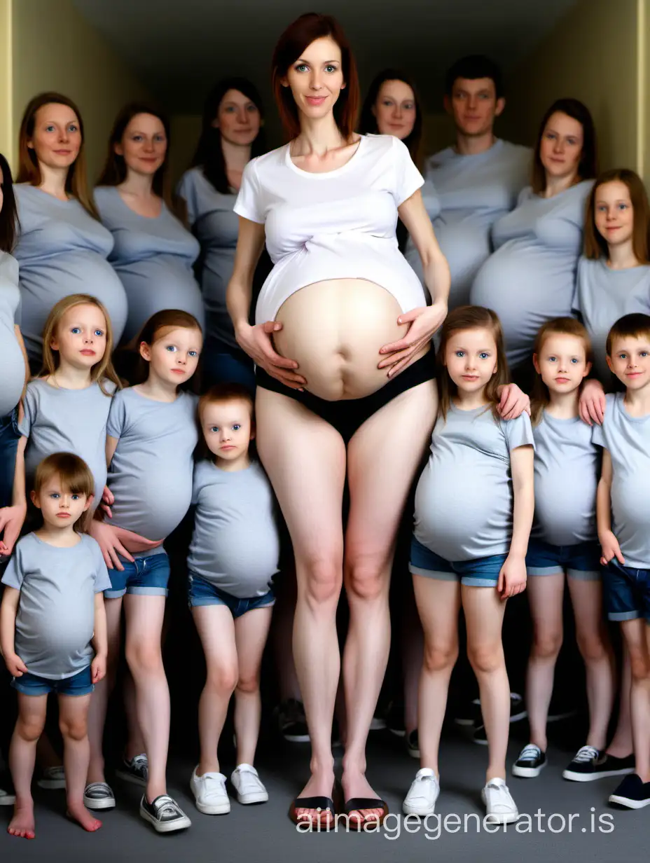 A skinny woman in shorts and a T-shirt pregnant with 20 children with a very gigantic belly