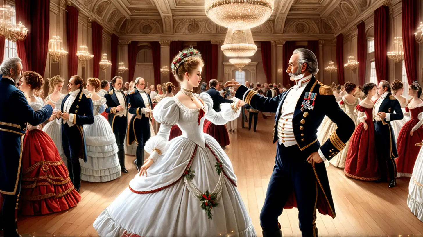 Nineteenth Century Ballroom Dance Admiral and Exquisite Lady in White and Red Attire