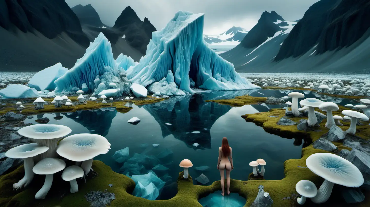 Psychedelic landscape, Rocky arctic glaciers, large crystalline bluish minerals, nude woman in center, Moss, large fleshy mushrooms, and water on the ground, serene, euphoric