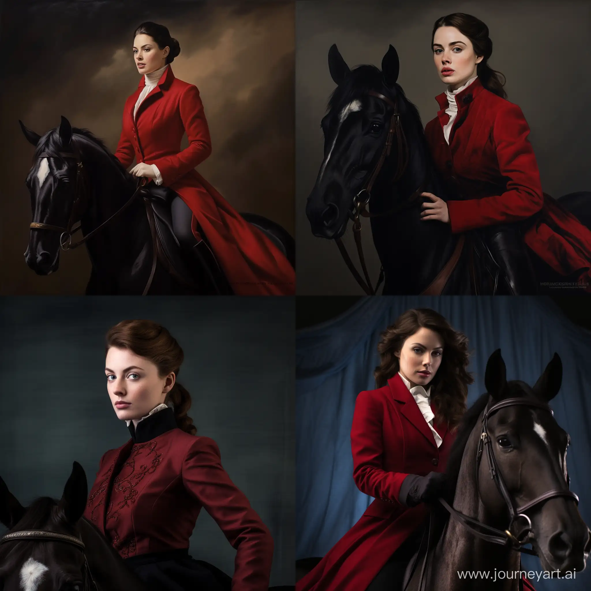 A Fairly beautiful and handsome woman with pale skin, great posture is riding a dark bay English thoroughbred. She is wearing a red velvet riding jacket that is a combination of modern ones with 19th century style