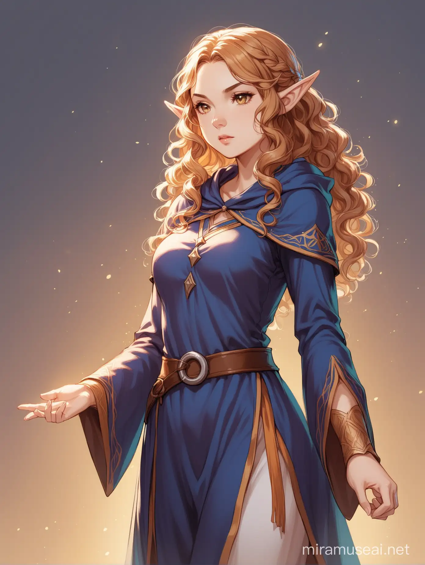 woman, mage outfit, elf, stoic, curly hair, 3 quarter angle
