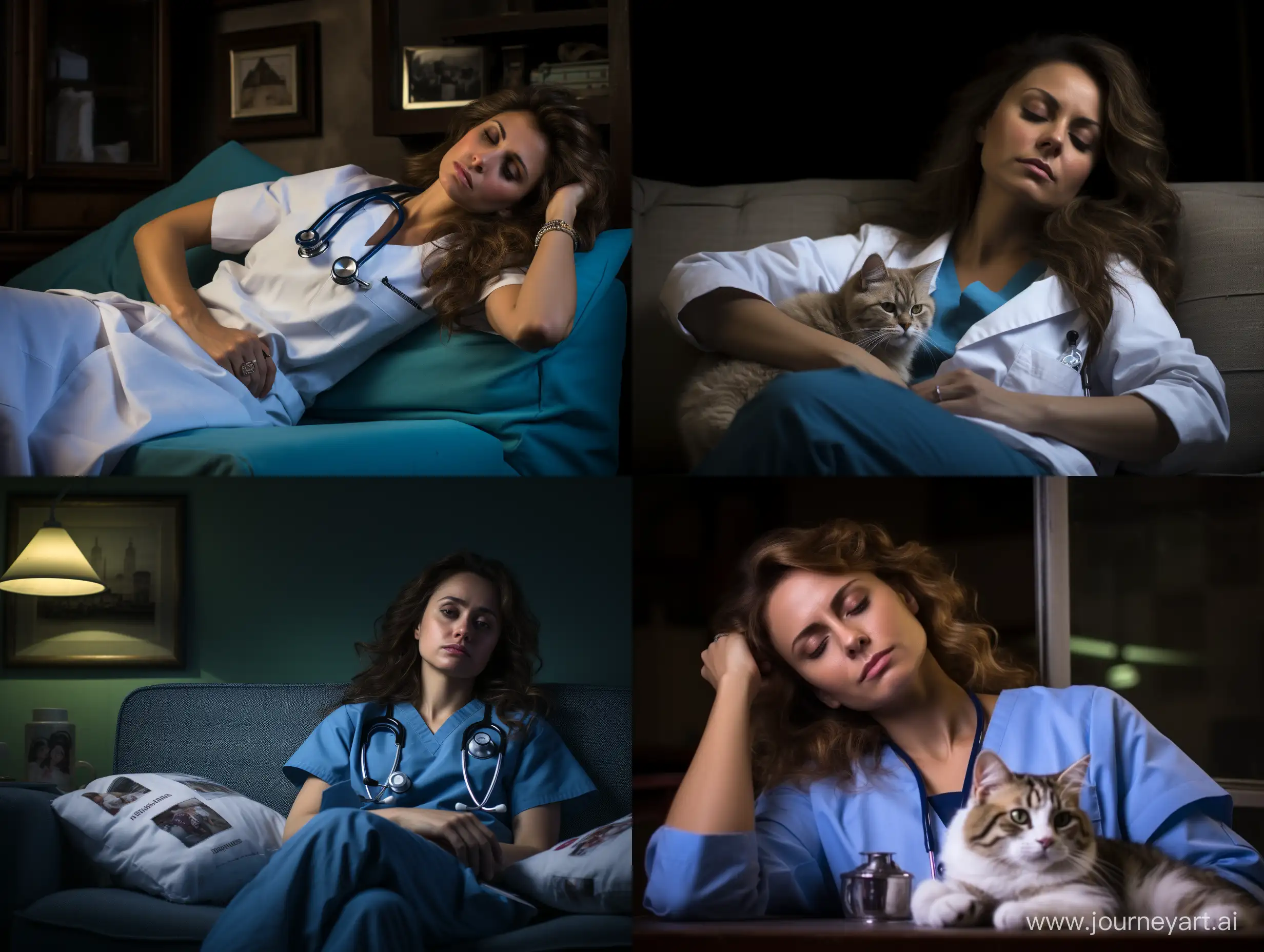 An Italian looking nurse, sitting on a sofa, sleeping birman kitten in the background, wide angle portrait photograph, cinematic
