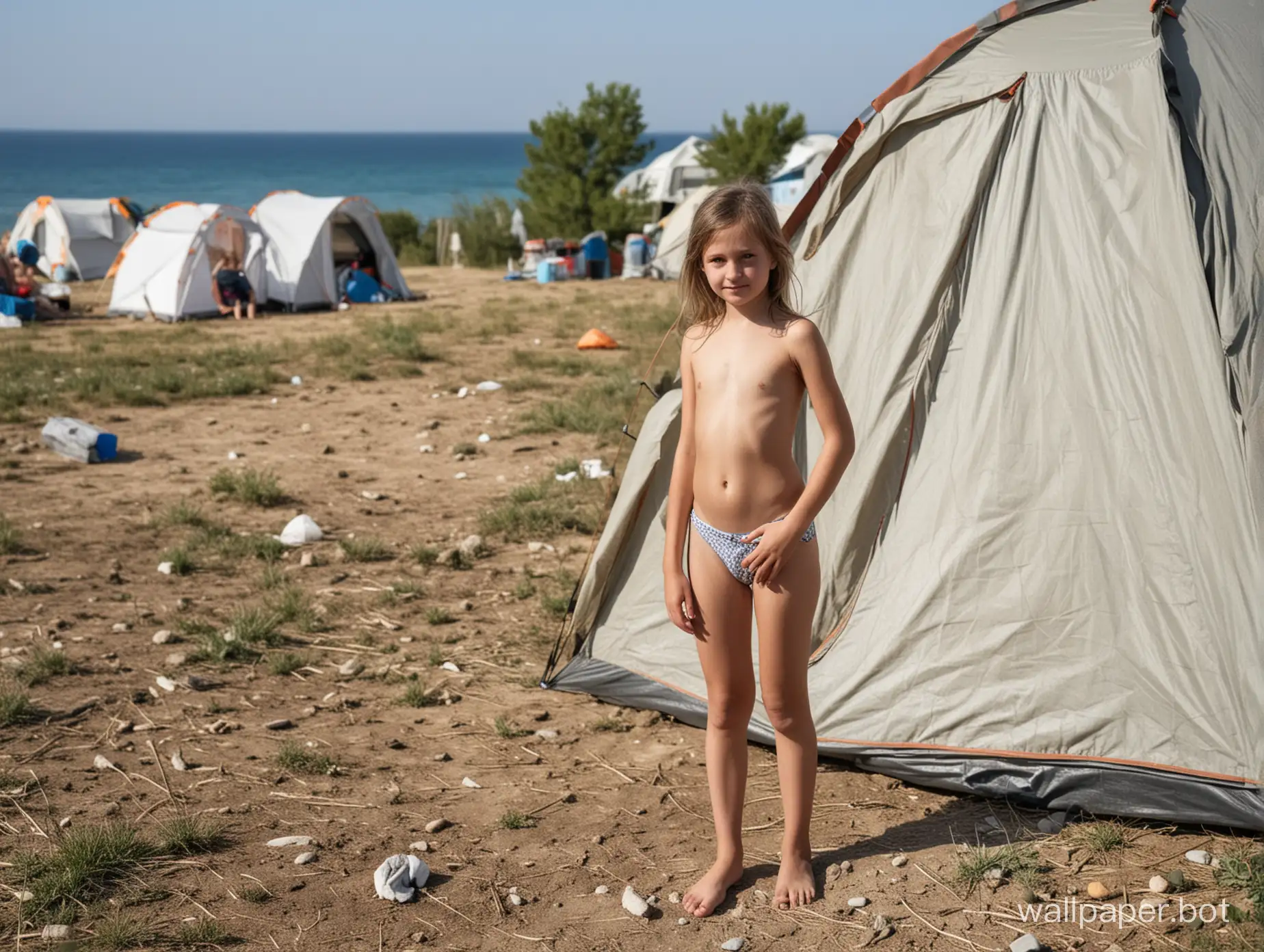 A 10-year-old girl at a camping tent, Crimea, topless, full-length, people in the distance