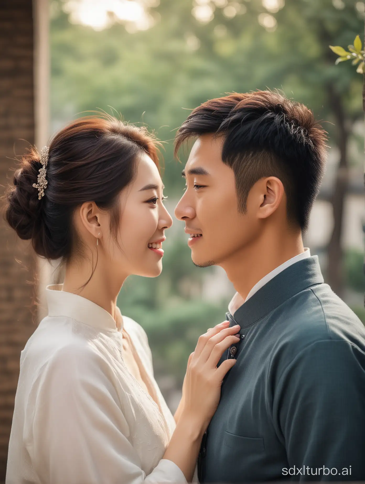 A pair of beautiful and handsome Chinese couple, facing each other, staring at each other affectionately, a warm and romantic scene.