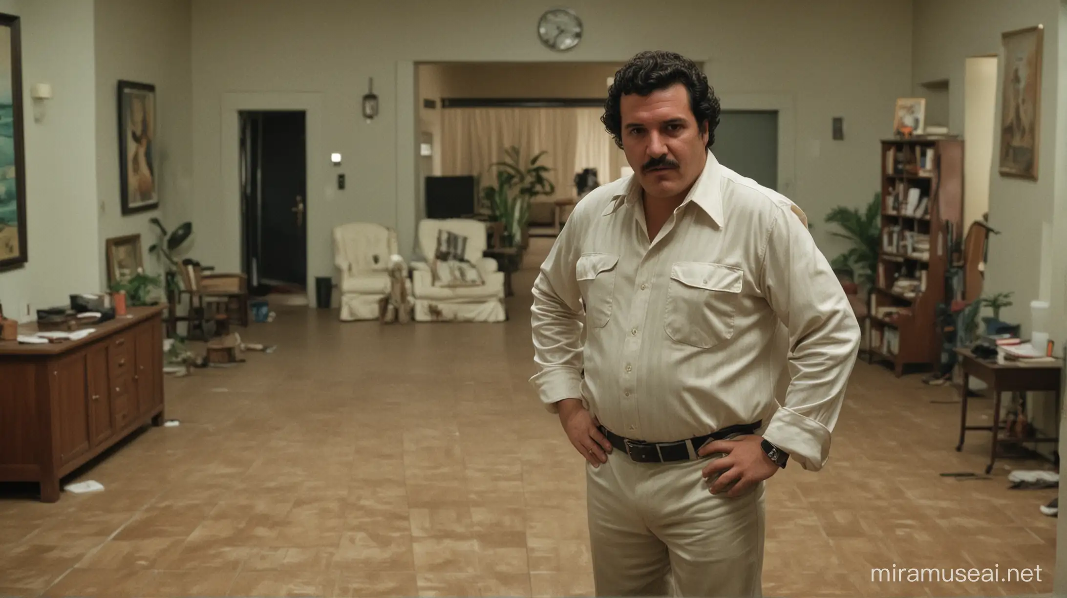 Pablo Escobar stands in the middle of a room facing the viewer.