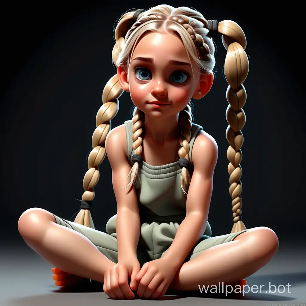 Realistic aesthetically pleasing Character - Cute playful 8-year-old girl with light hair, braided in braids, sitting on the floor. Detailed reflective eyes, clothing - summer jumpsuit - detailed. Everything is proportionate anatomically and geometrically, especially the hands and legs. Sharpness. Soft colors, hyper-detailing, black background.