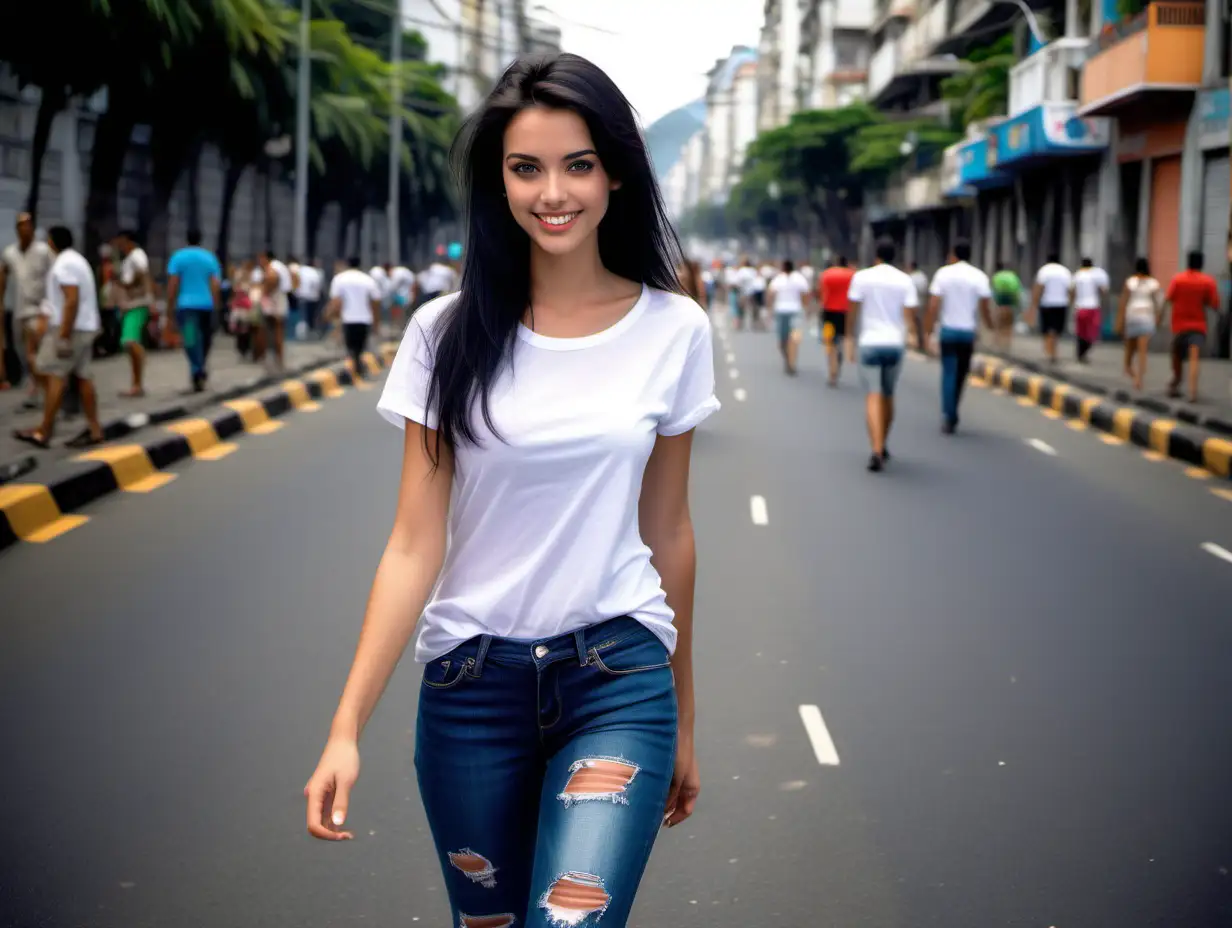 stunning young beautiful girl, perfect face, dark blue eyes, black hair, long legs, jeans, heels,  ripped white t shirt, walking smiling in copacbana , rio de janeiro