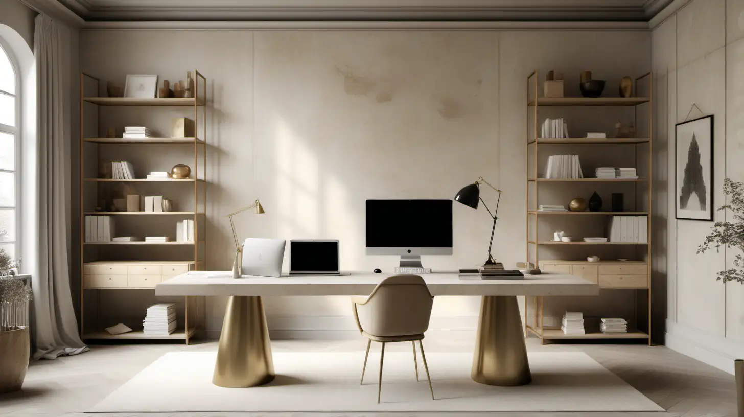 a hyperrealistic image of a classic contemporary large minimalist home office;  limewash walls in Bauwerk Bone; blonde oak;  brass; 
