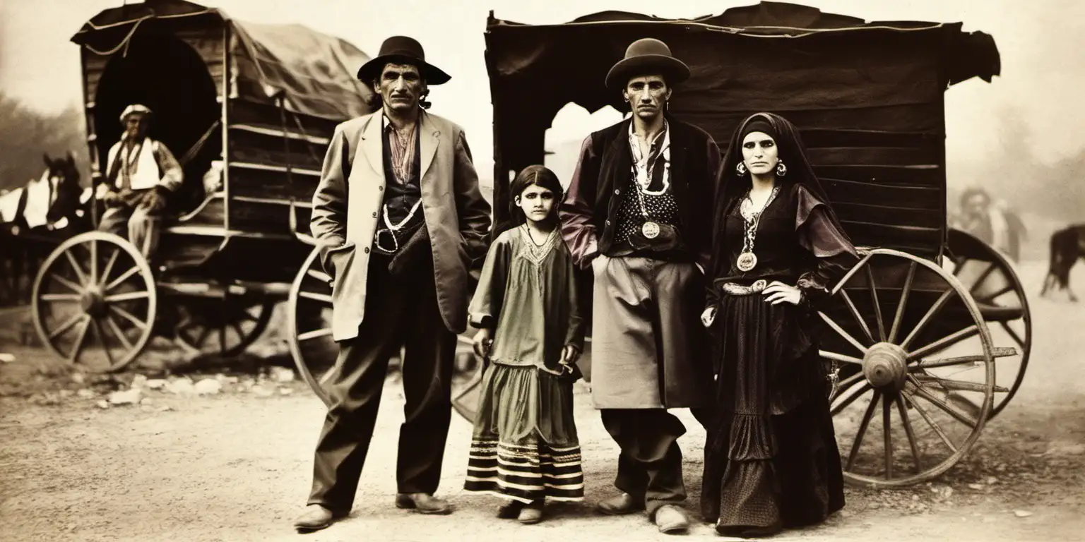 a2 men & a lady european romanian gypsies , a romanian gypsy wagon is in the background, 