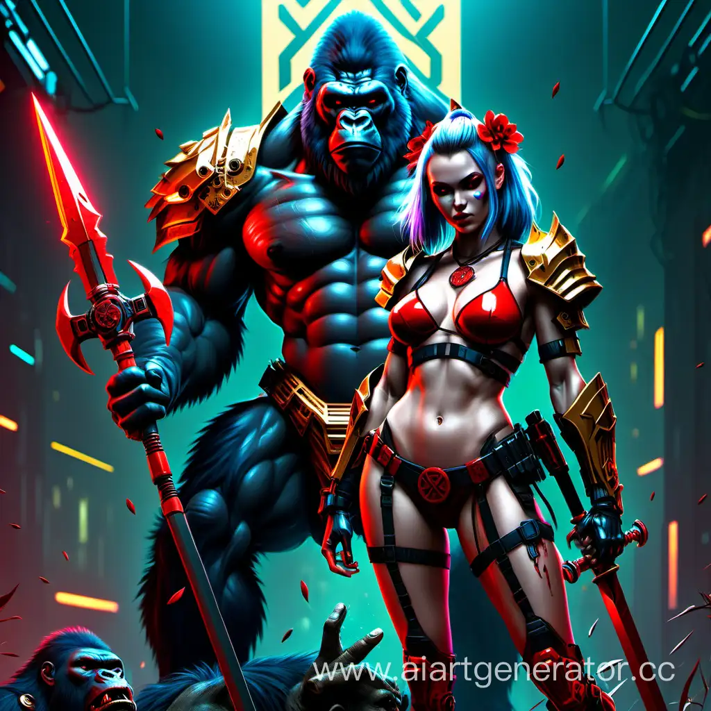 Cyberpunk-Warrior-Girl-with-Red-Halberd-and-Golden-Clover-Symbol-Battling-Brutal-Gorilla