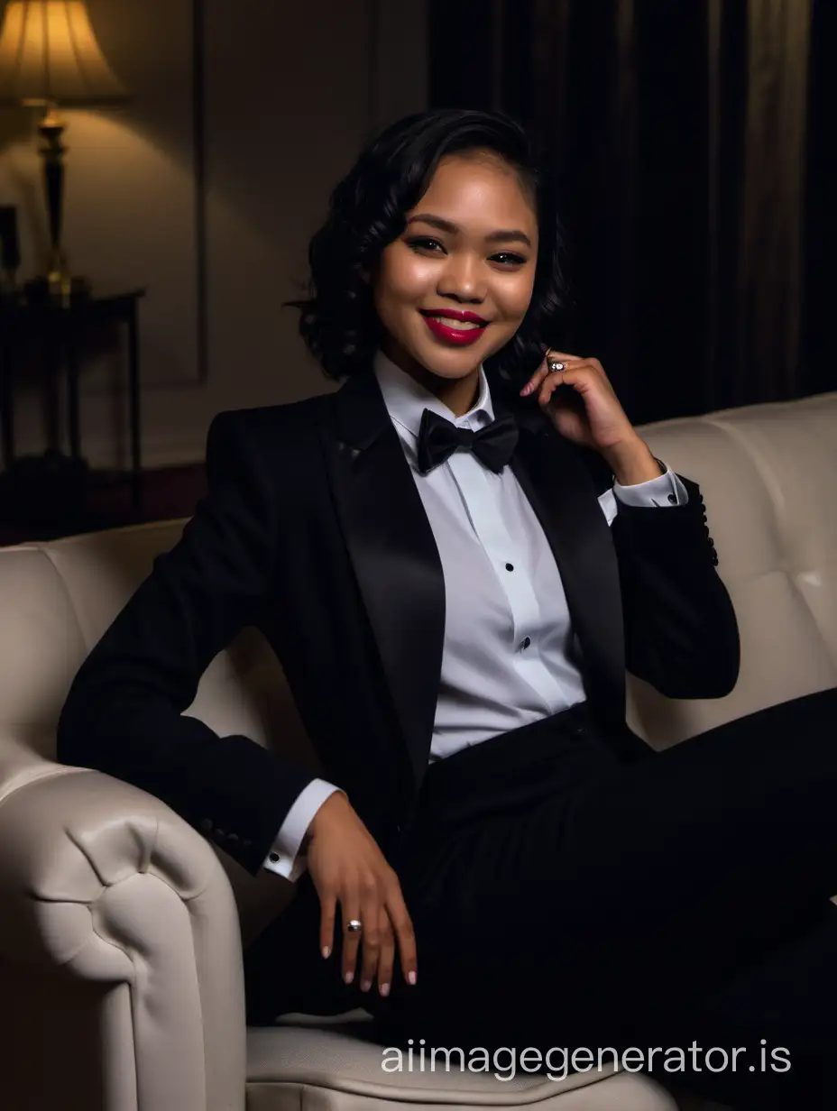 A Filipina woman with dark skin, shoulder-length hair, and lipstick is sitting on a couch in a dimly lit room. She is facing forward, looking at the viewer. She is wearing a tuxedo. Her jacket is black. Her pants are black. Her jacket is open. Her shirt is white and has a wing collar and cufflinks. Her bowtie is black. She is laughing.