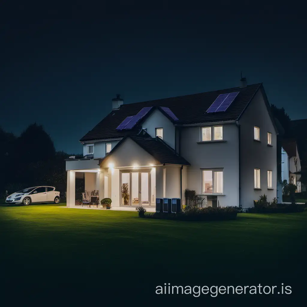well lit house in the night for an advert on inverters and batteries