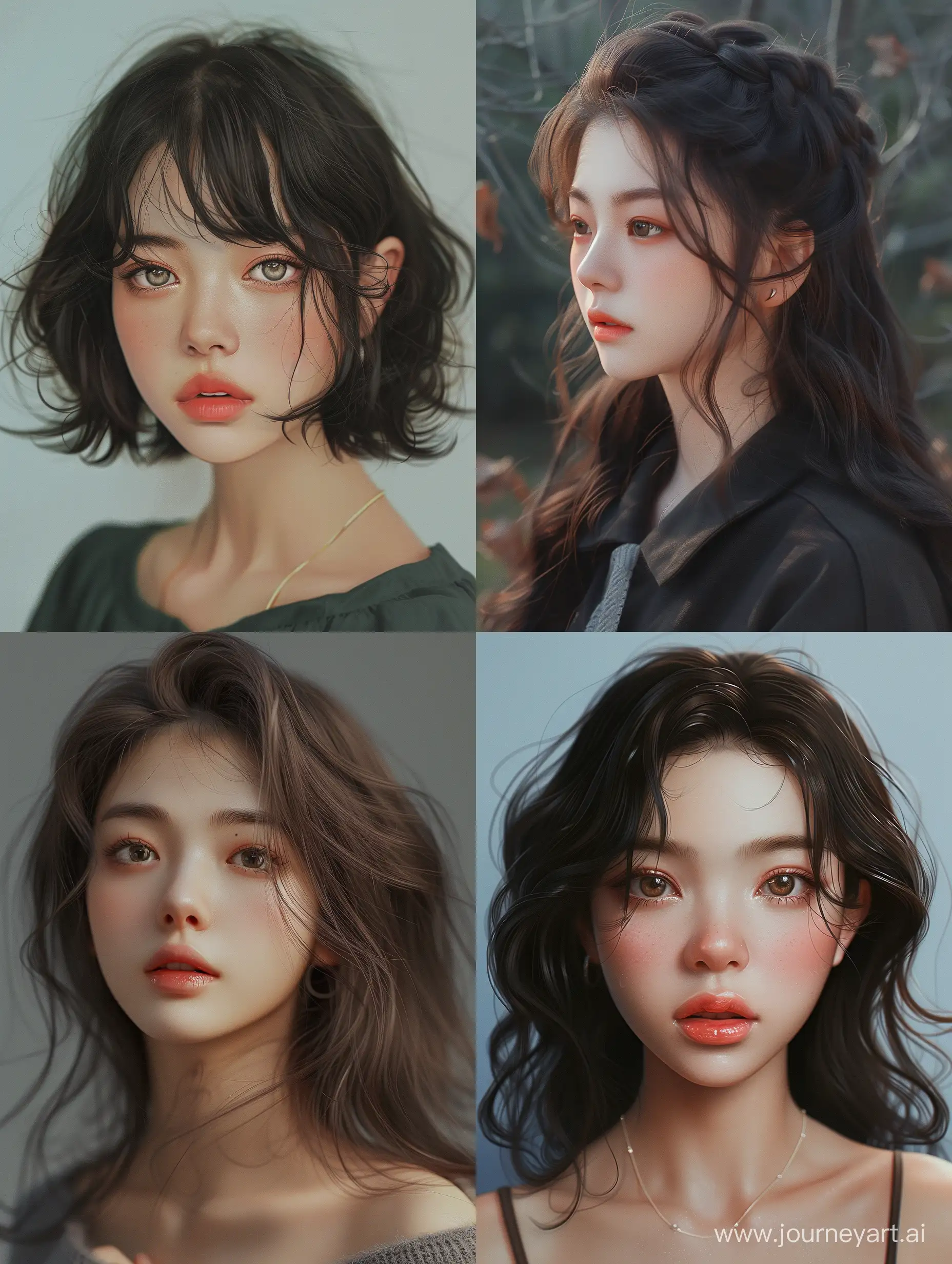 wolfcut hair of Korean beautiful girl with aestethic fat lip,pinterest aestethic girl, plain background, photo realism, --ar 3:4 --v 6 --ar 4:3 --no 37408