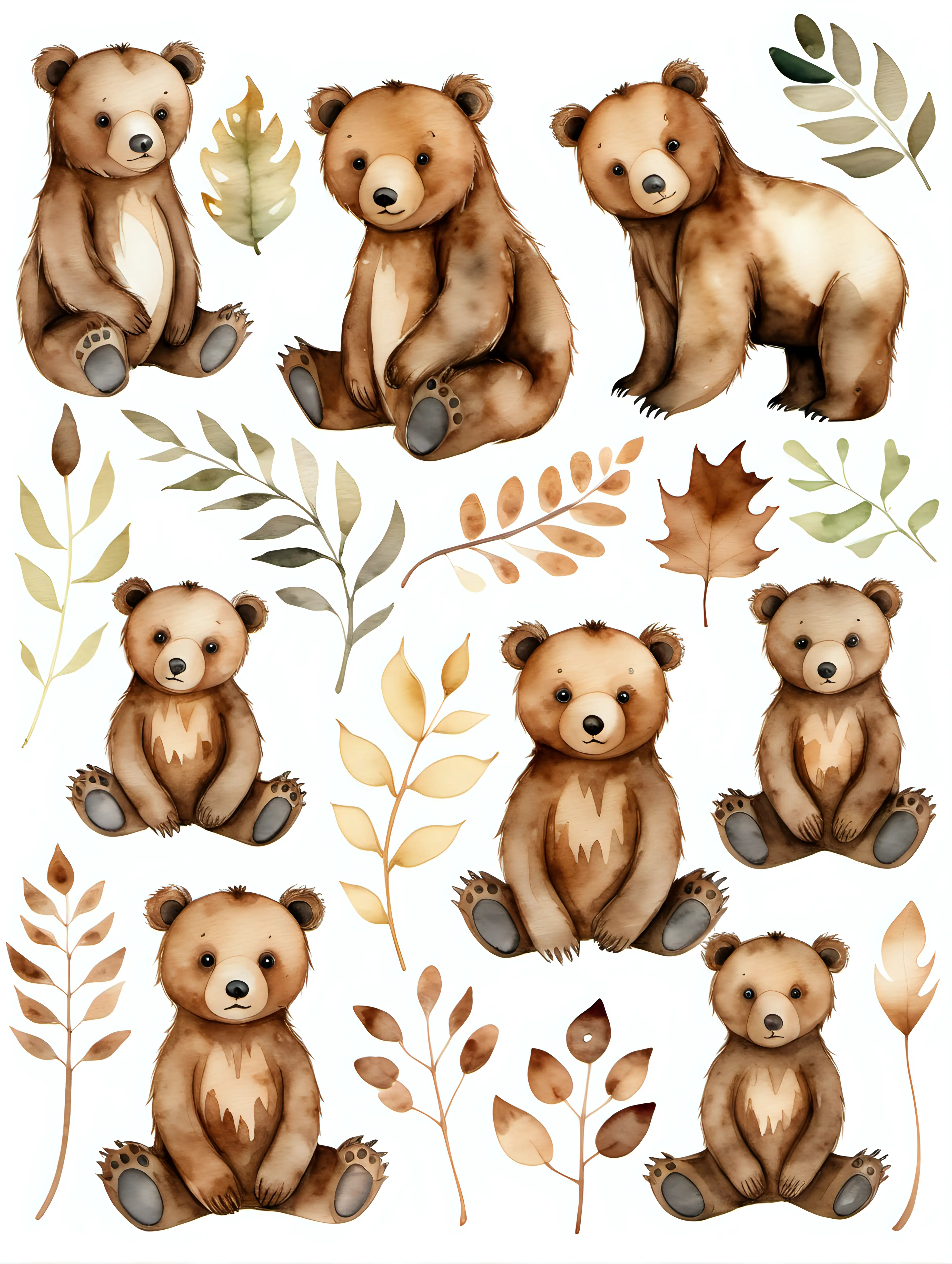 watercolour woodland brown bear clipart, isolated background, suitable for a nursery