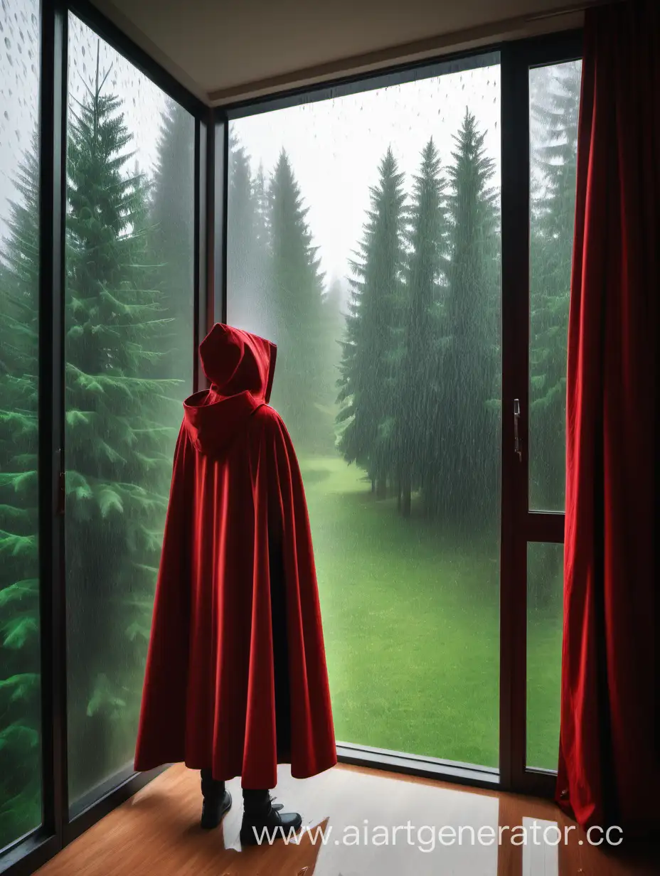 Woman-in-Red-Cloak-Gazes-Out-Sunlit-Window-in-Rainy-Corridor-with-Fir-Trees