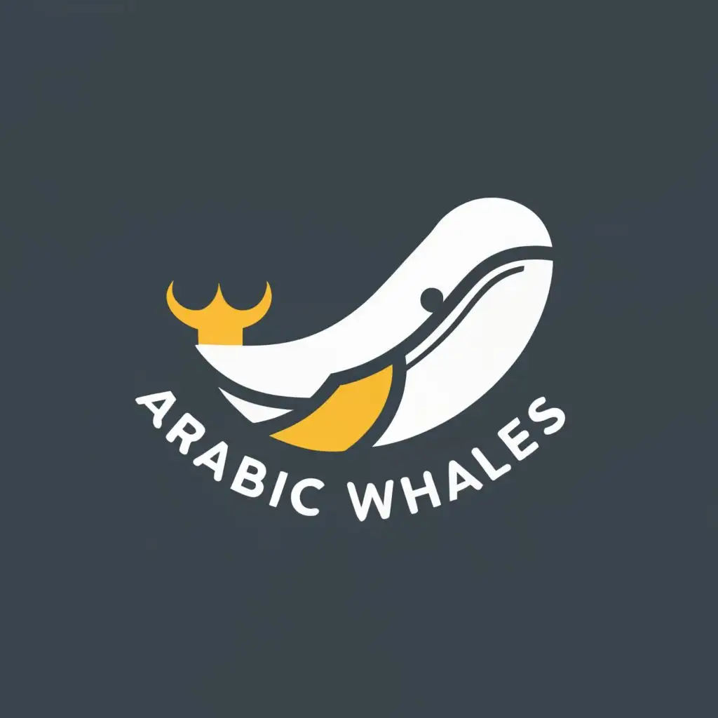 logo, Whale, simple circular geometric shapeThe background is black, the whale's colors are blue, yellow, and white., with the text "ARABIC WHALES", typography, be used in Finance industry