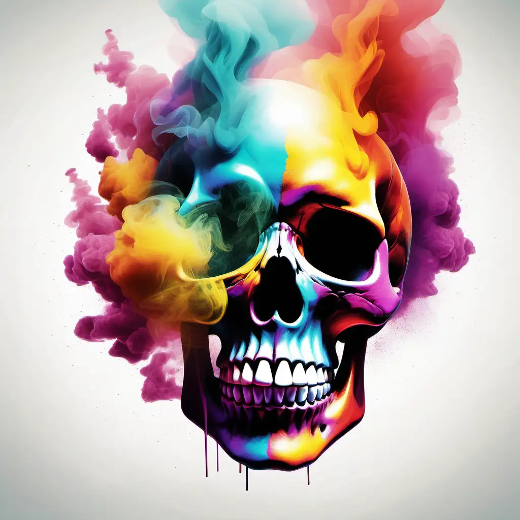 create a colourful abstract painting of a skull blowing out smoke on white background