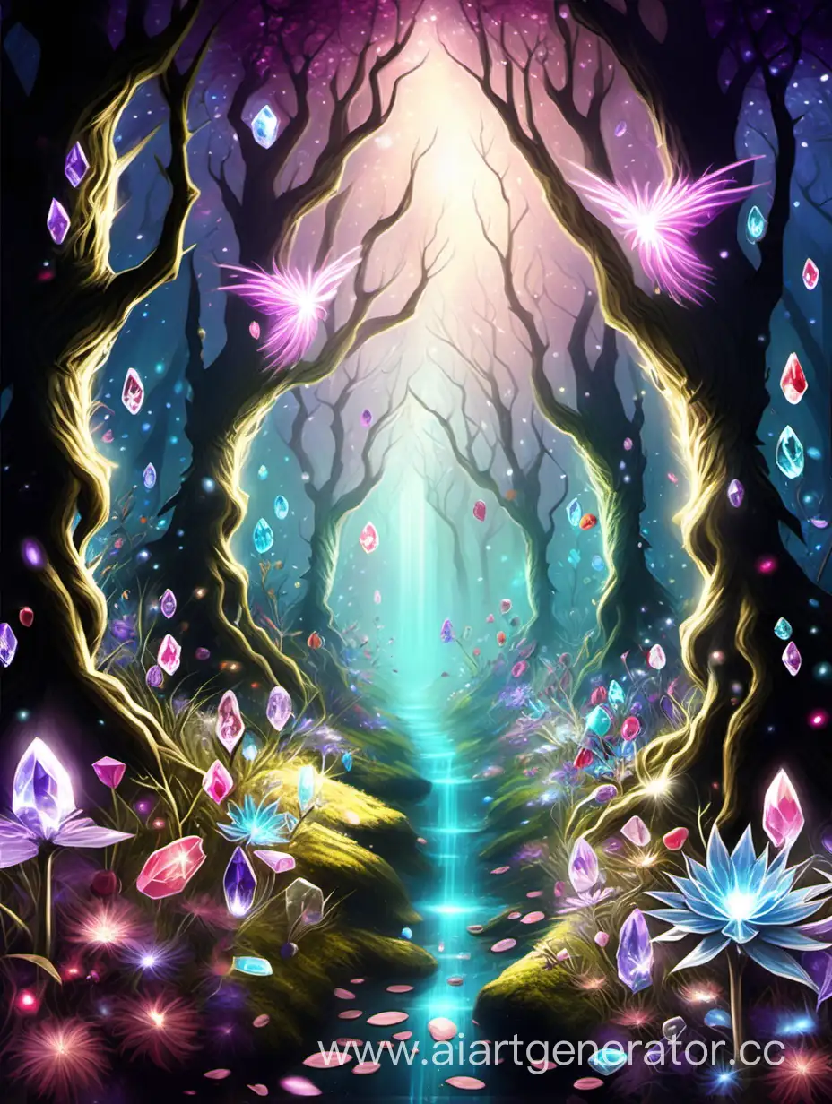 Enchanting-Fantasy-Forest-with-Petals-Creatures-and-Glowing-Crystal-Flowers