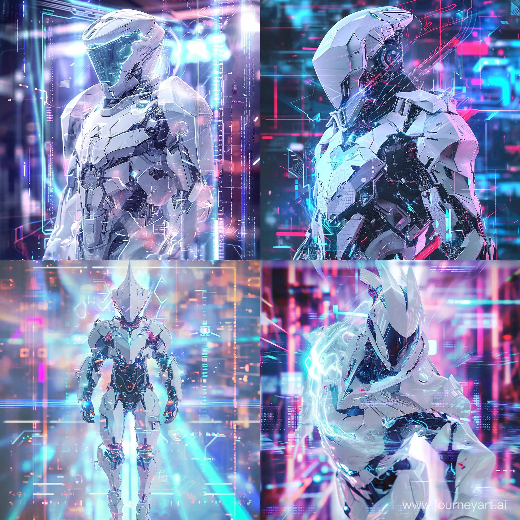 Subject: The main subject of the image is a holographic representation of a cybernetic white knight, emphasizing a futuristic and technologically advanced theme. The hologram is the focal point, creating a visually striking centerpiece. Setting: The setting is a sci-fi environment, characterized by sleek and minimalist design elements. The use of advanced technology is evident, with holographic projections contributing to the futuristic atmosphere. The color palette likely includes cool tones to enhance the high- tech ambiance. Background: The background is carefully chosen
to complement the sci-fi theme, featuring intricate digital patterns or abstract shapes. These elements contribute to the overall sense of immersion and convey a sense of the digital realm. Style: The style of the image is characterized by a blend of cyberpunk aesthetics and futuristic elements. The cybernetic white knight is likely to have sleek, angular designs, giving it a cutting- edge and modern appearance. Coloring: The color scheme leans towards a palette dominated by blues, purples, and silvers to convey a sense of technological sophistication. Neon accents may be used to add vibrancy and highlight key elements. Action: The holographic white knight may be depicted in a dynamic pose, suggesting readiness for action. This adds an element of excitement and energy to the image, engaging viewers and creating a sense of movement. --v 6