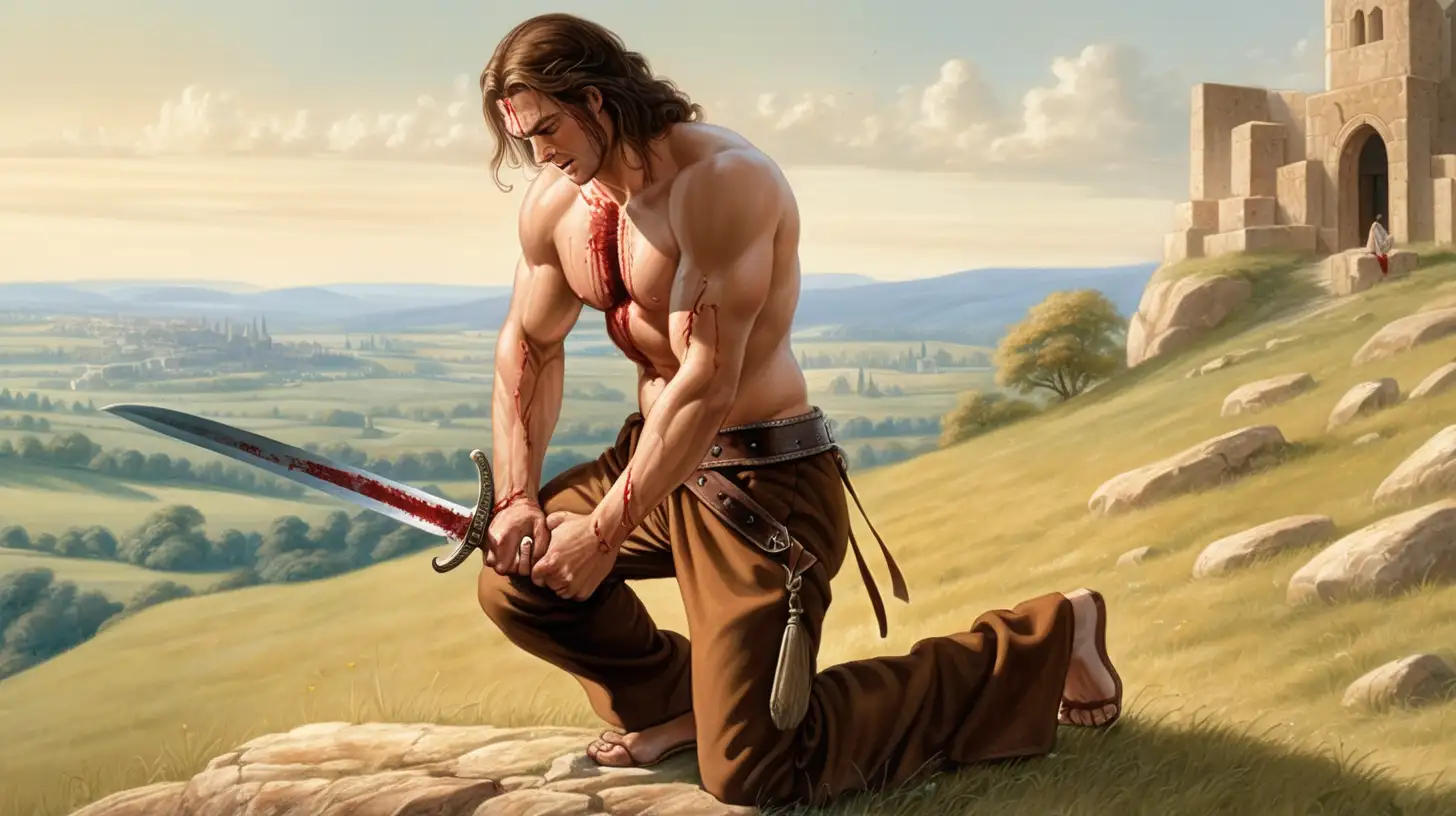 epoque biblique, un homme à genoux, sans chemise, pantalon marron, avec le dos en sang, avec une épée à la main,  sur une colinne, journée d'été